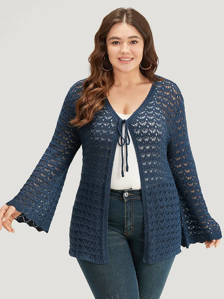 Solid Eyelet Ties Front Bell Sleeve Cardigan sold by Bloomchic