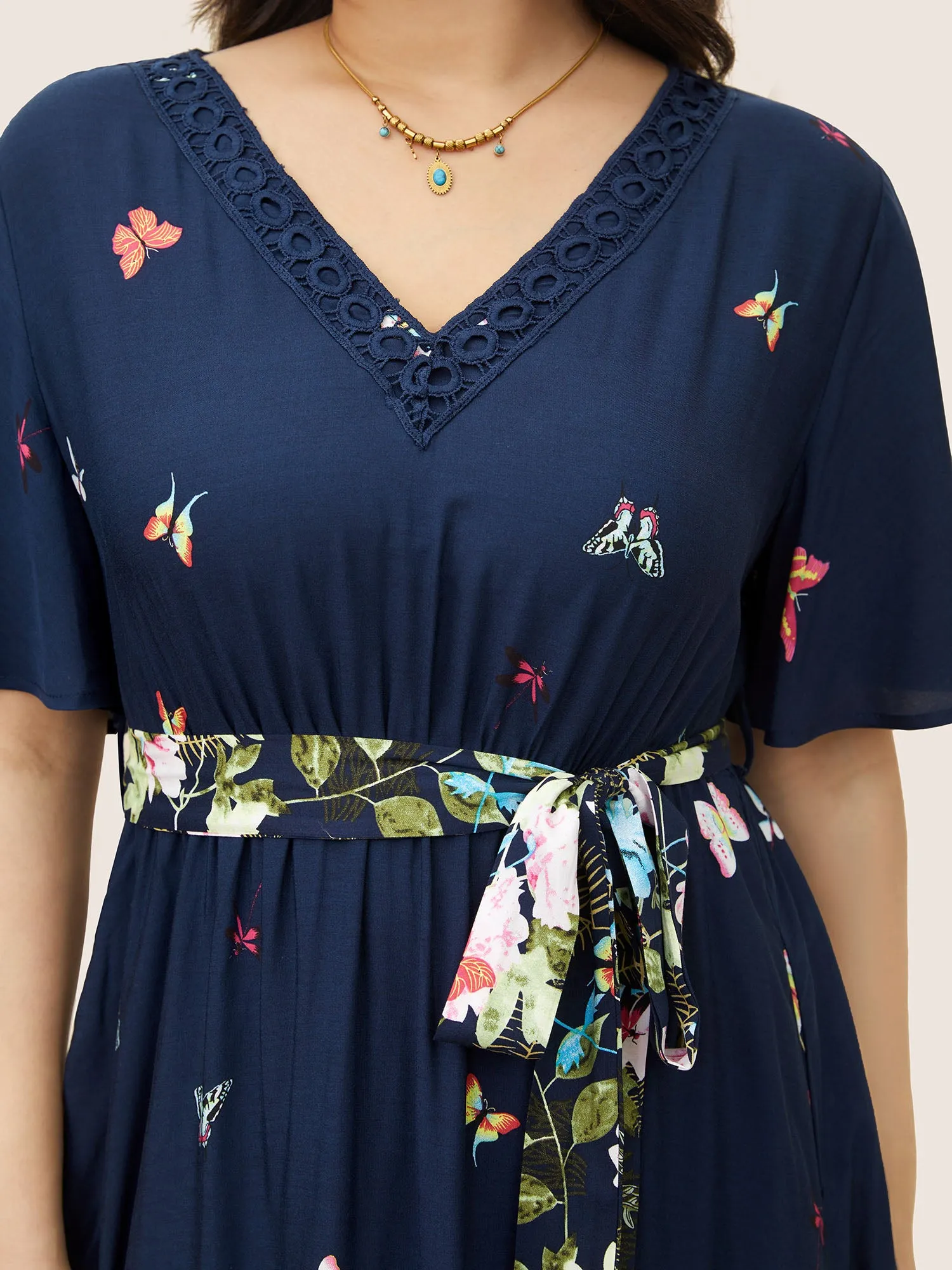 Floral & Butterfly Print Contrast Lace Pocket Belted Ruffles Dress sold by Bloomchic product image thumbnail 4