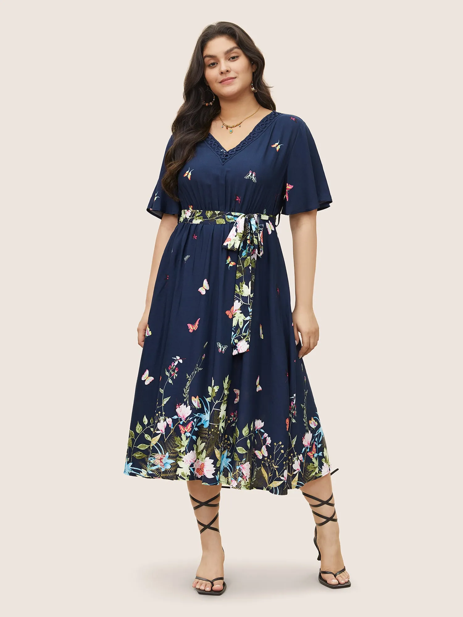 Floral & Butterfly Print Contrast Lace Pocket Belted Ruffles Dress sold by Bloomchic