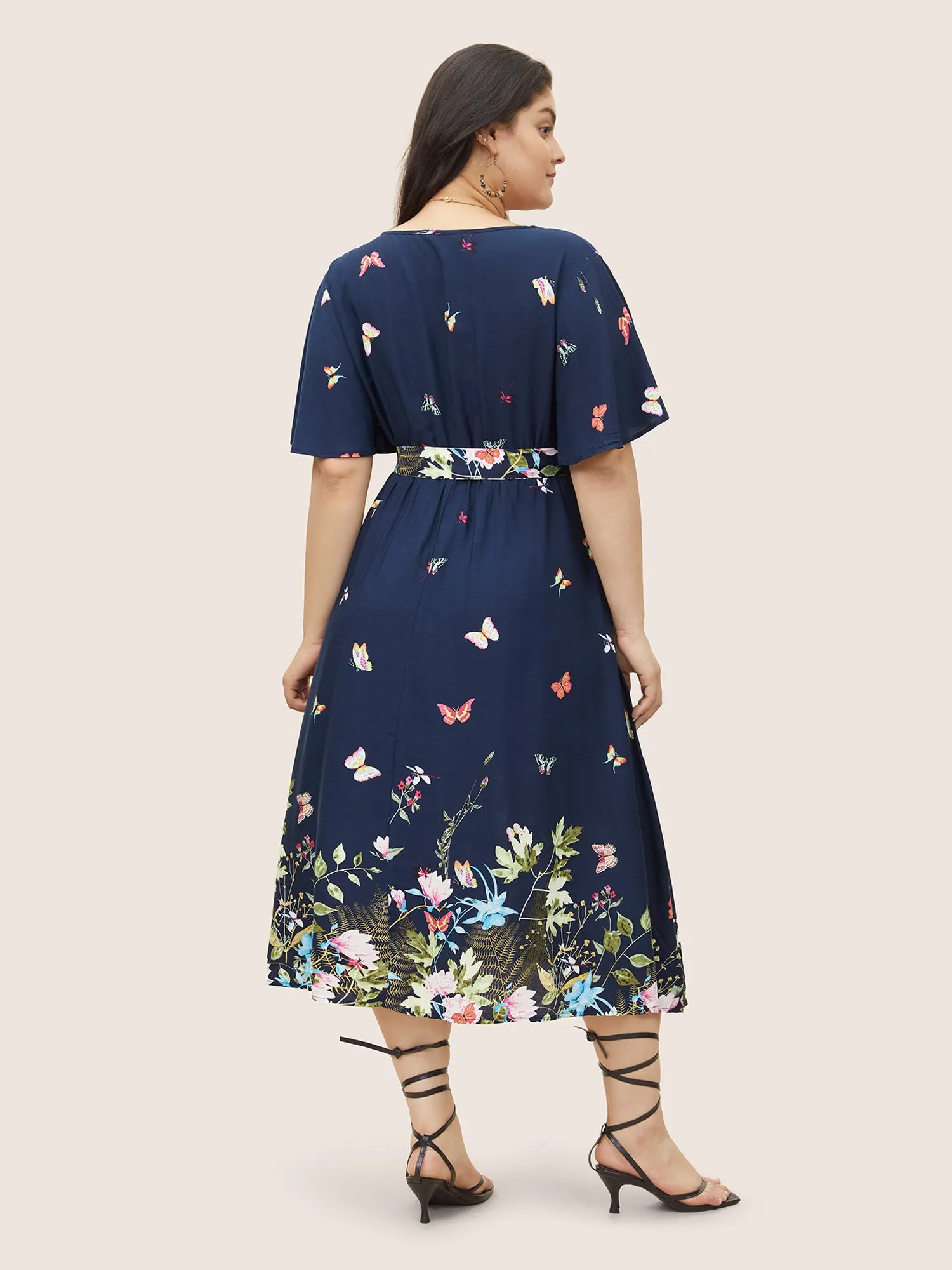 Floral & Butterfly Print Contrast Lace Pocket Belted Ruffles Dress sold by Bloomchic product image thumbnail 3