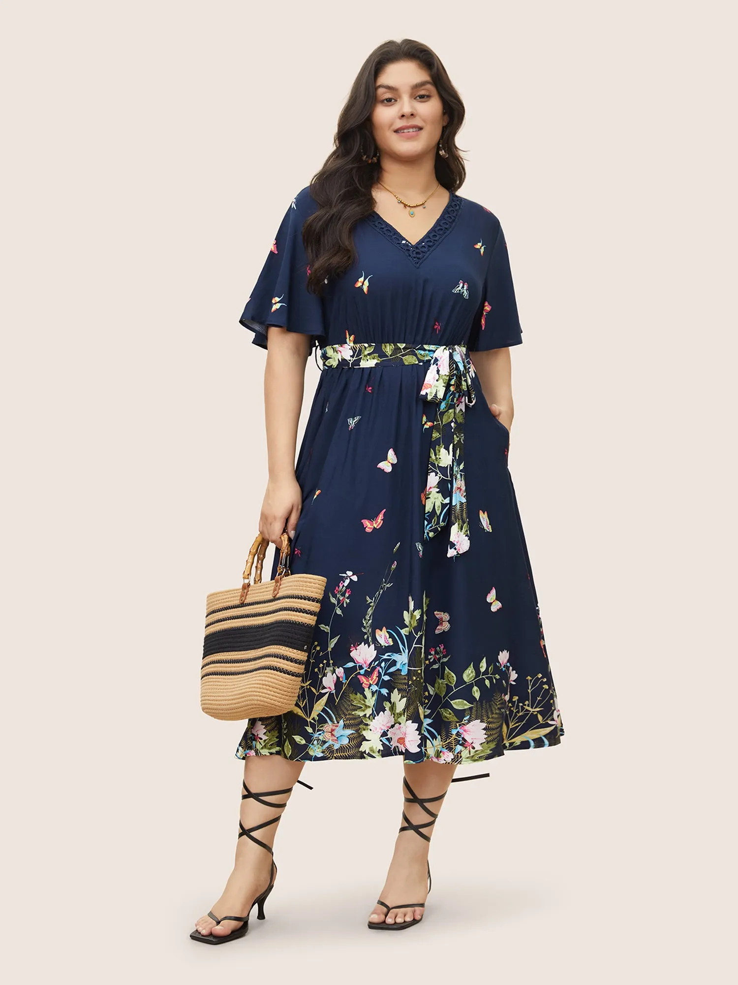 Floral & Butterfly Print Contrast Lace Pocket Belted Ruffles Dress sold by Bloomchic product image thumbnail 2
