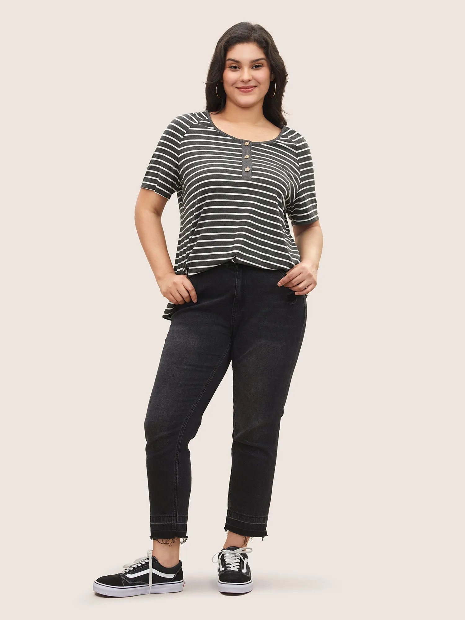 Striped Button Up Raglan Sleeve T-shirt sold by Bloomchic product image thumbnail 3