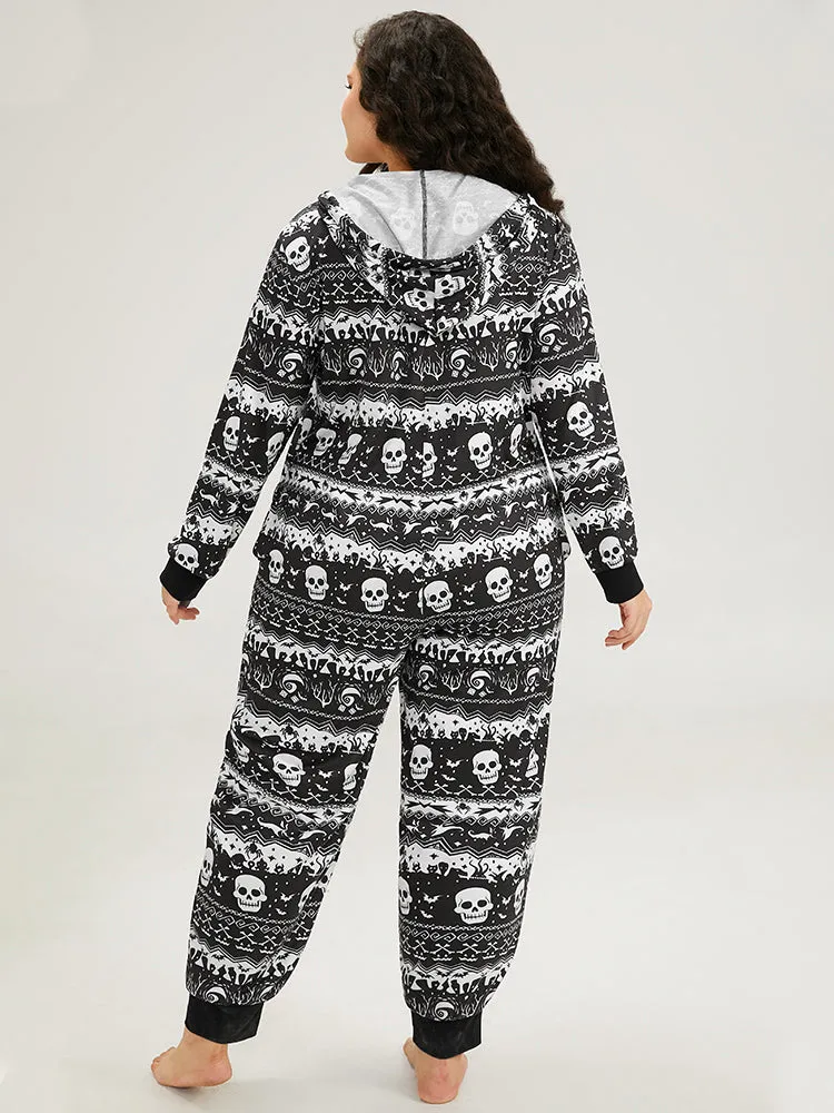 Halloween Skull Print Zipper Hooded Drawstring Sleep Jumpsuit sold by Bloomchic product image thumbnail 3
