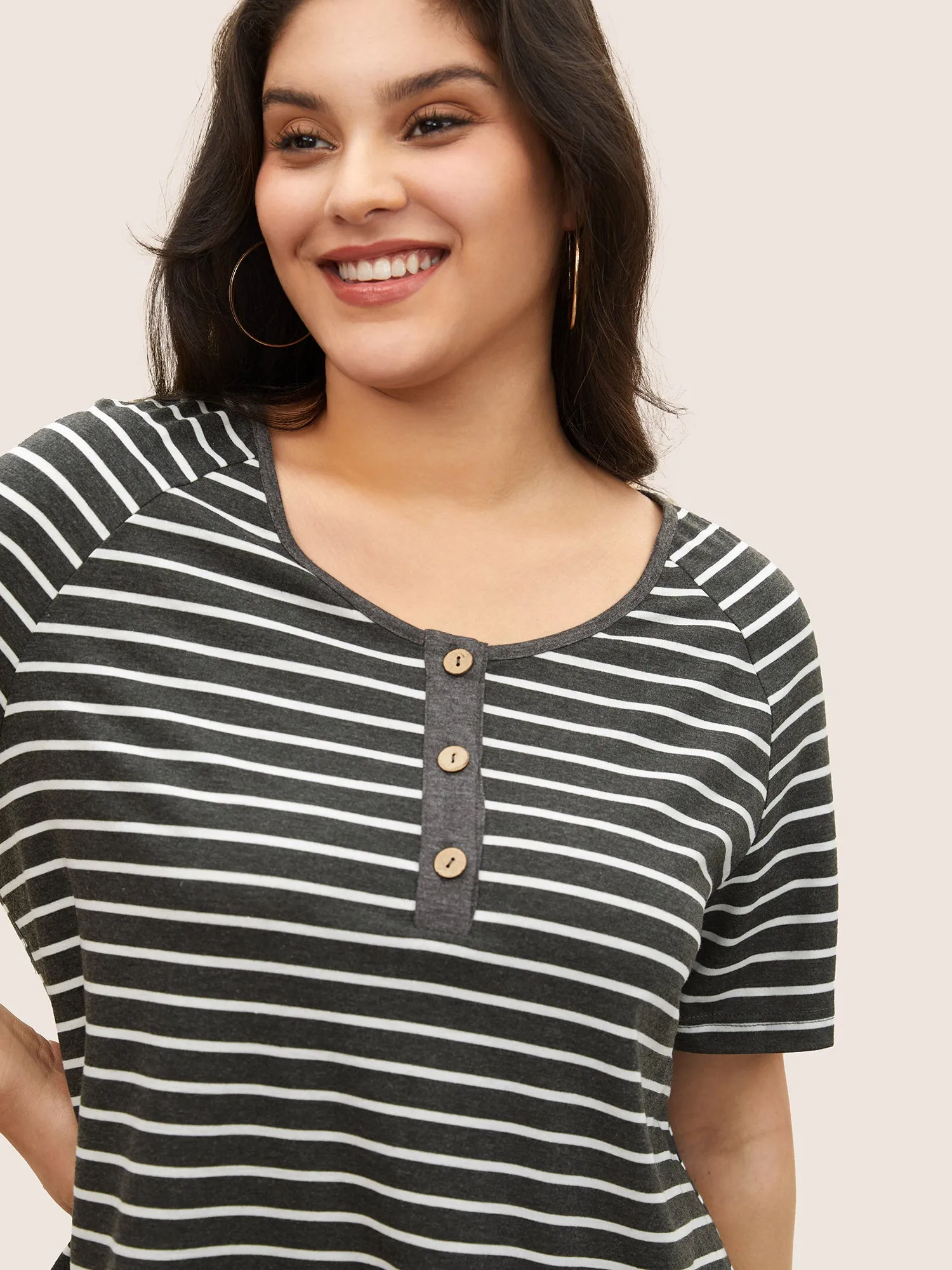 Striped Button Up Raglan Sleeve T-shirt sold by Bloomchic product image thumbnail 4