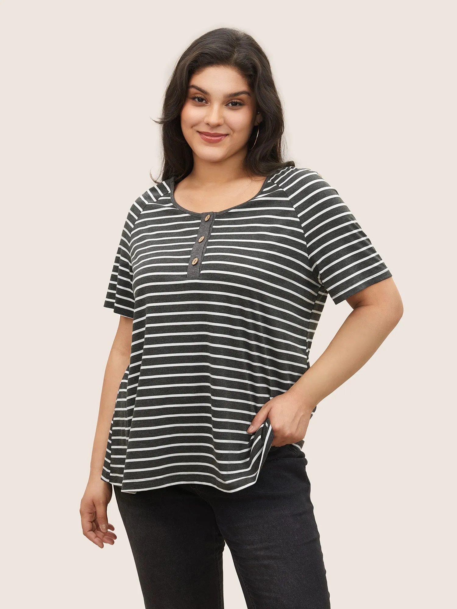 Striped Button Up Raglan Sleeve T-shirt sold by Bloomchic