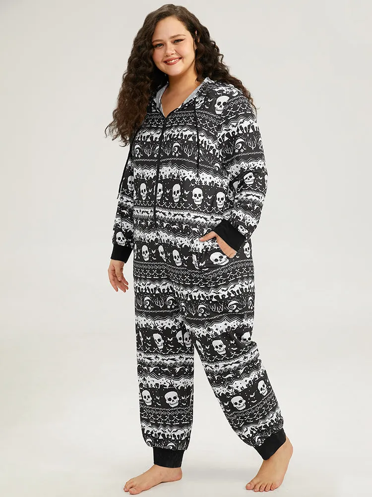 Halloween Skull Print Zipper Hooded Drawstring Sleep Jumpsuit sold by Bloomchic product image thumbnail 4