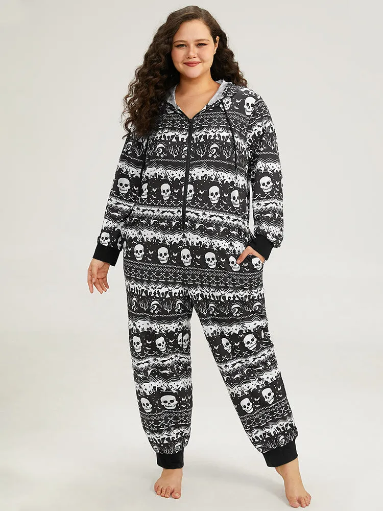 Halloween Skull Print Zipper Hooded Drawstring Sleep Jumpsuit sold by Bloomchic
