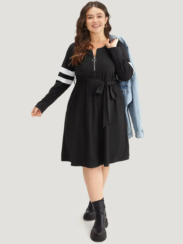 Colorblock Patchwork Zipper Belted Dress made by Bloomchic