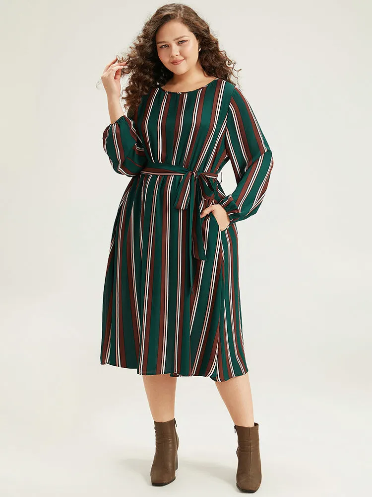 Striped Contrast Crew Neck Belted Dress sold by Bloomchic