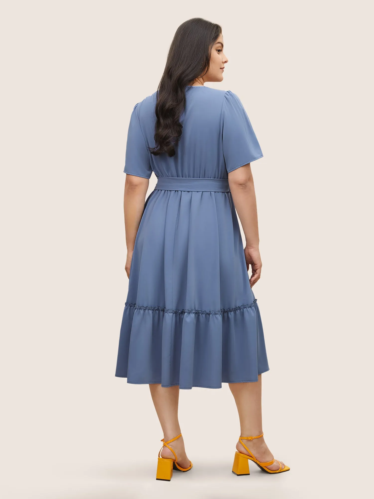 Solid Frill Trim Buckle Detail Belted Dress sold by Bloomchic product image thumbnail 3
