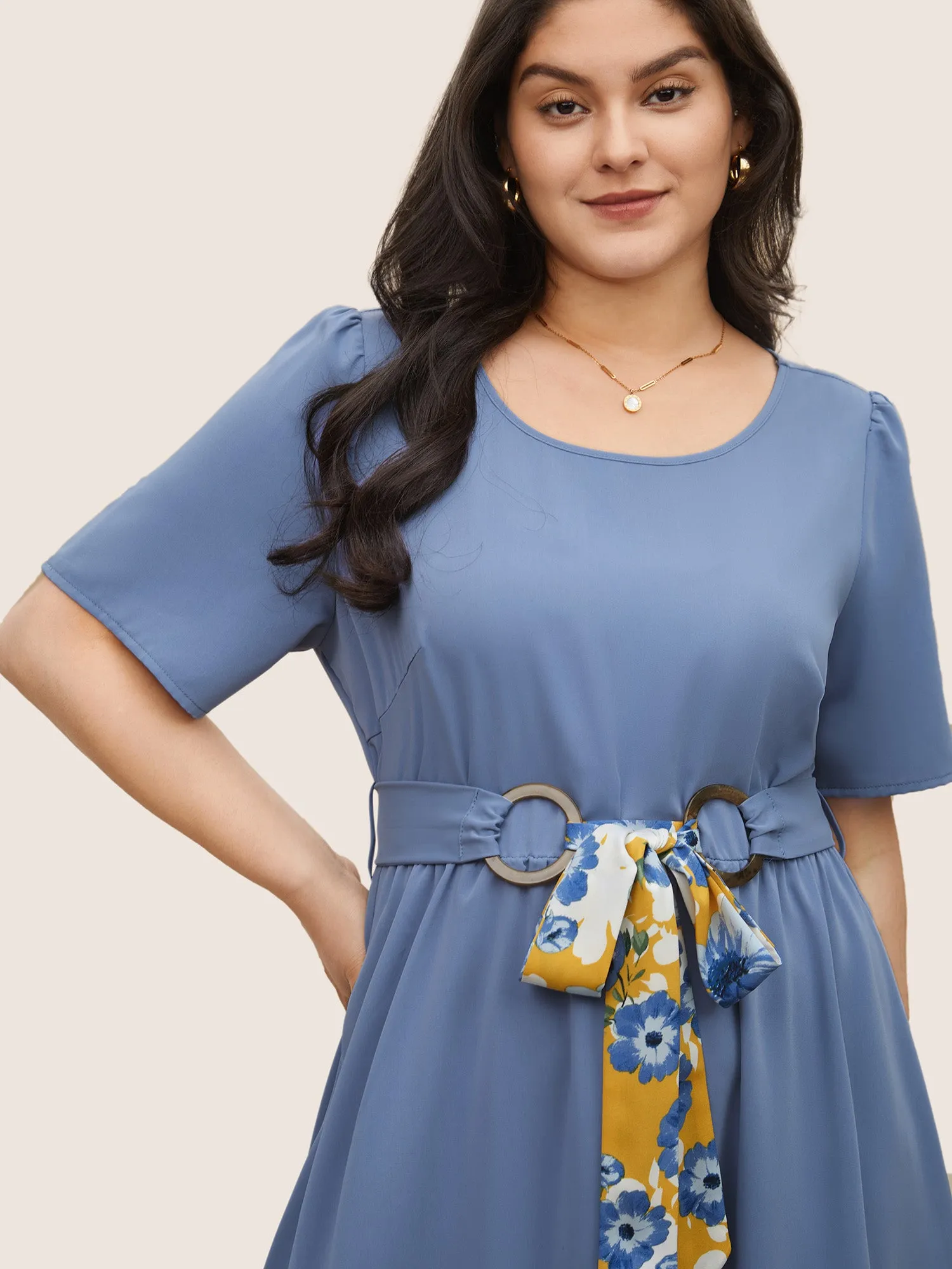 Solid Frill Trim Buckle Detail Belted Dress sold by Bloomchic product image thumbnail 4