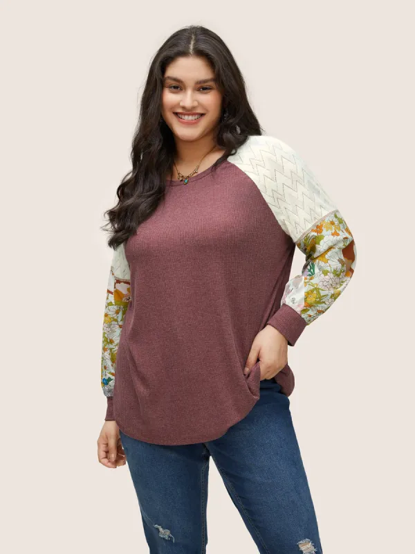 Floral Patchwork Textured Raglan Sleeve Stitch T-shirt sold by Bloomchic