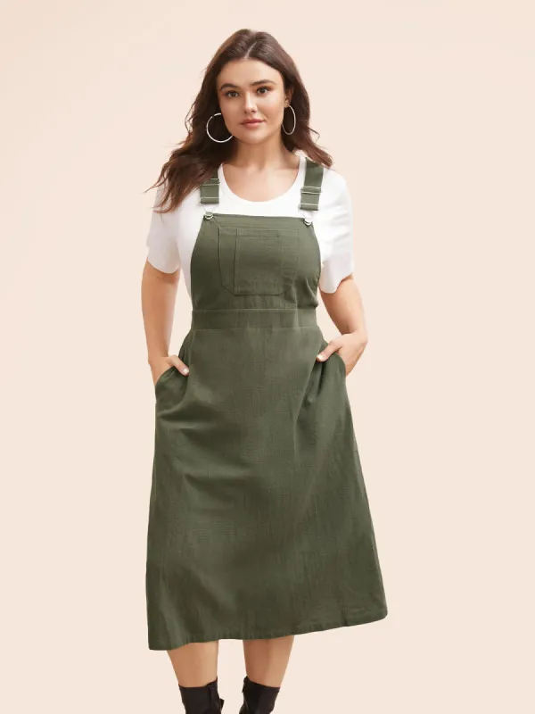 Solid Patched Pocket Overall Dress sold by Bloomchic