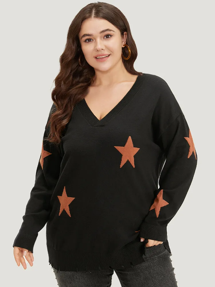Halloween Supersoft Essentials Star V Neck Distressed Hem Pullover sold by Bloomchic