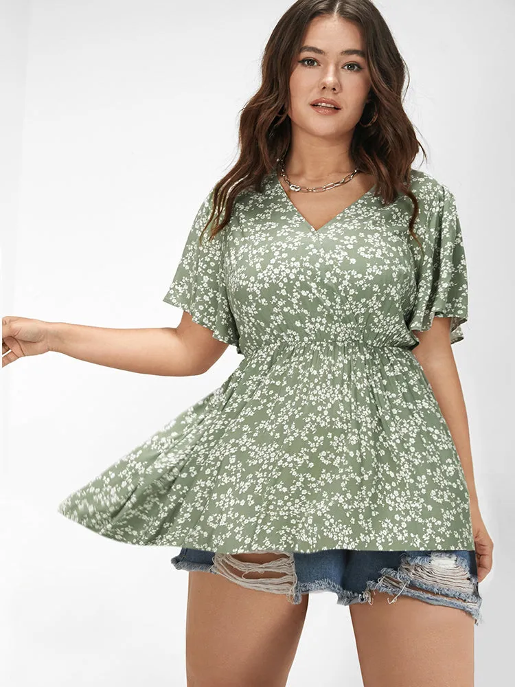 Floral Flutter Sleeve Elastic Waist Blouse sold by Bloomchic