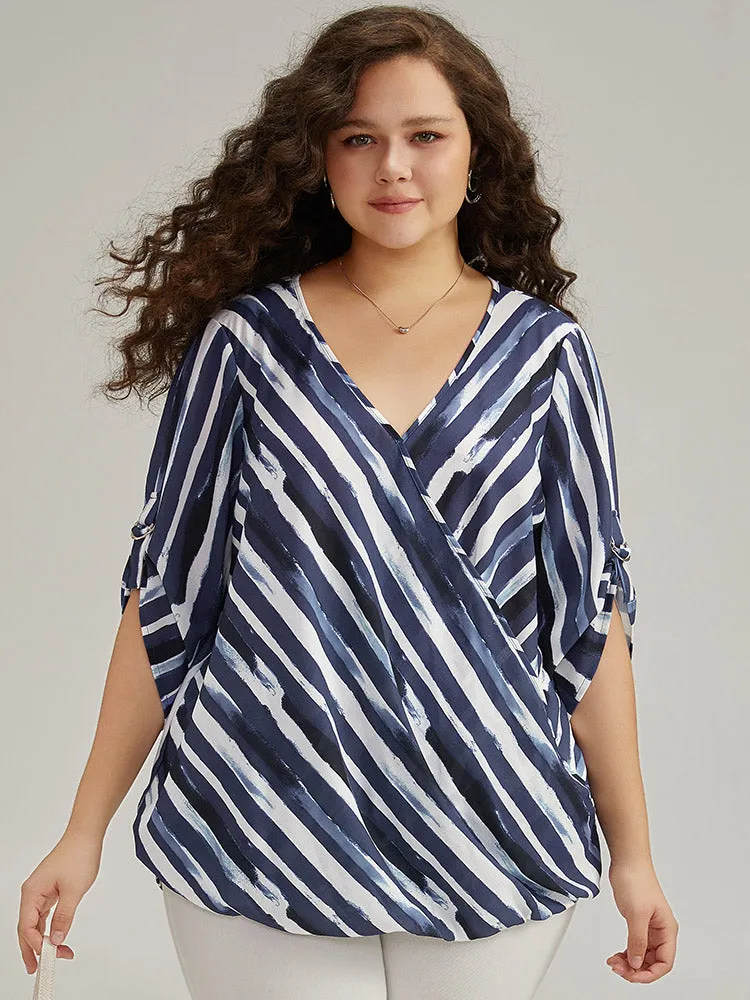 Striped Contrast V Neck Tab Sleeve Blouse sold by Bloomchic product image thumbnail 2