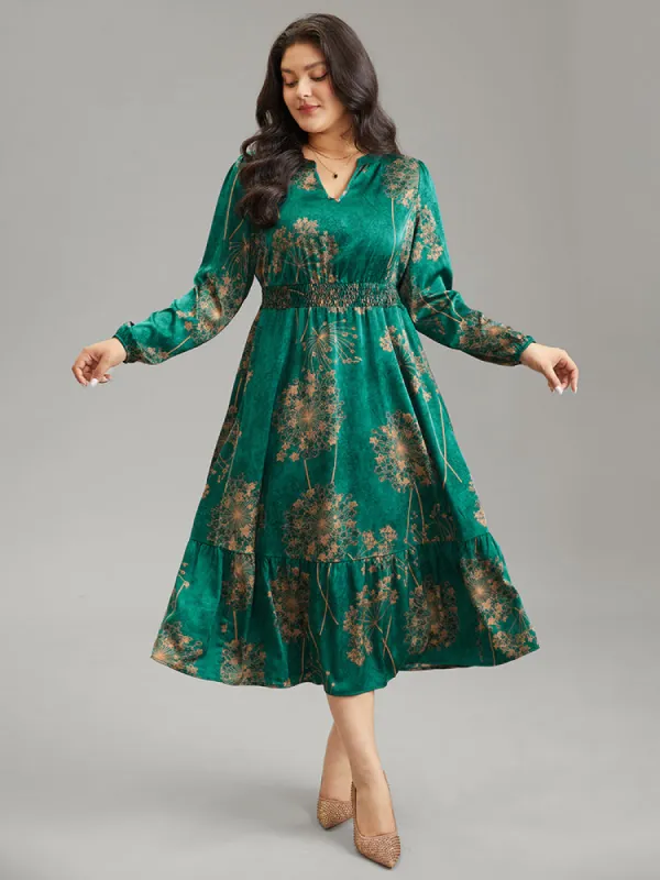 Floral Notched Pocket Shirred Layered Hem Dress sold by Bloomchic