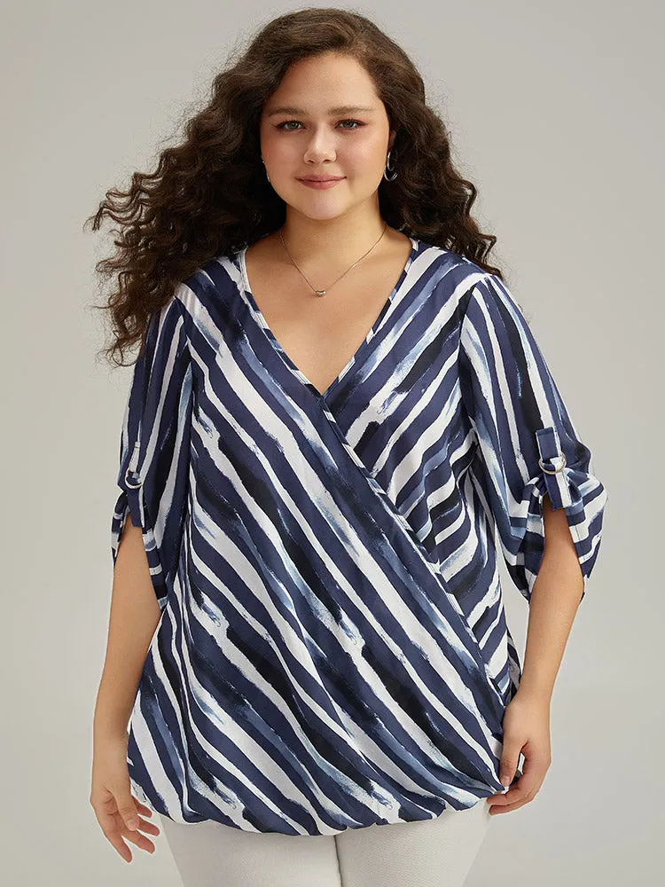 Striped Contrast V Neck Tab Sleeve Blouse sold by Bloomchic product image thumbnail 3