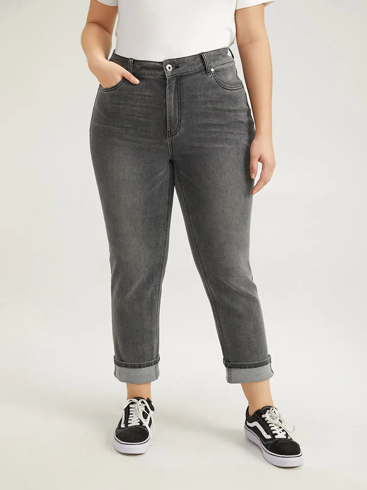 Solid Roll Hem Black Wash Jeans sold by Bloomchic