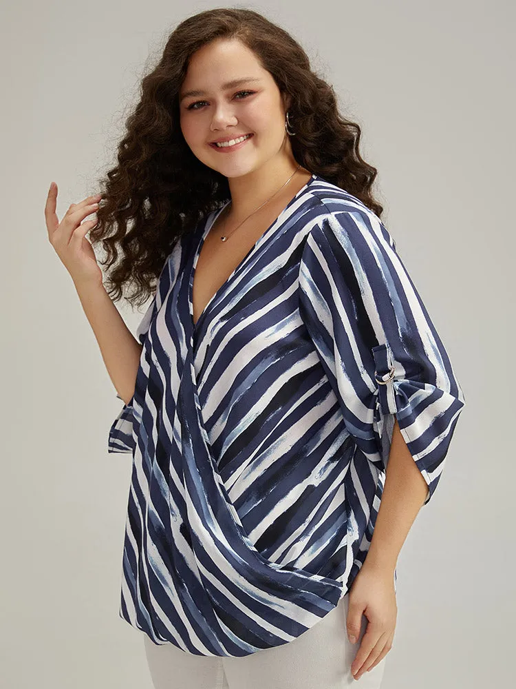 Striped Contrast V Neck Tab Sleeve Blouse sold by Bloomchic product image thumbnail 4