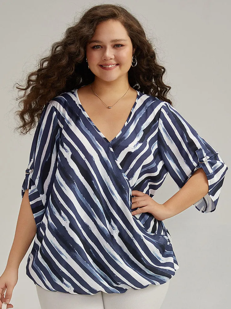 Striped Contrast V Neck Tab Sleeve Blouse sold by Bloomchic