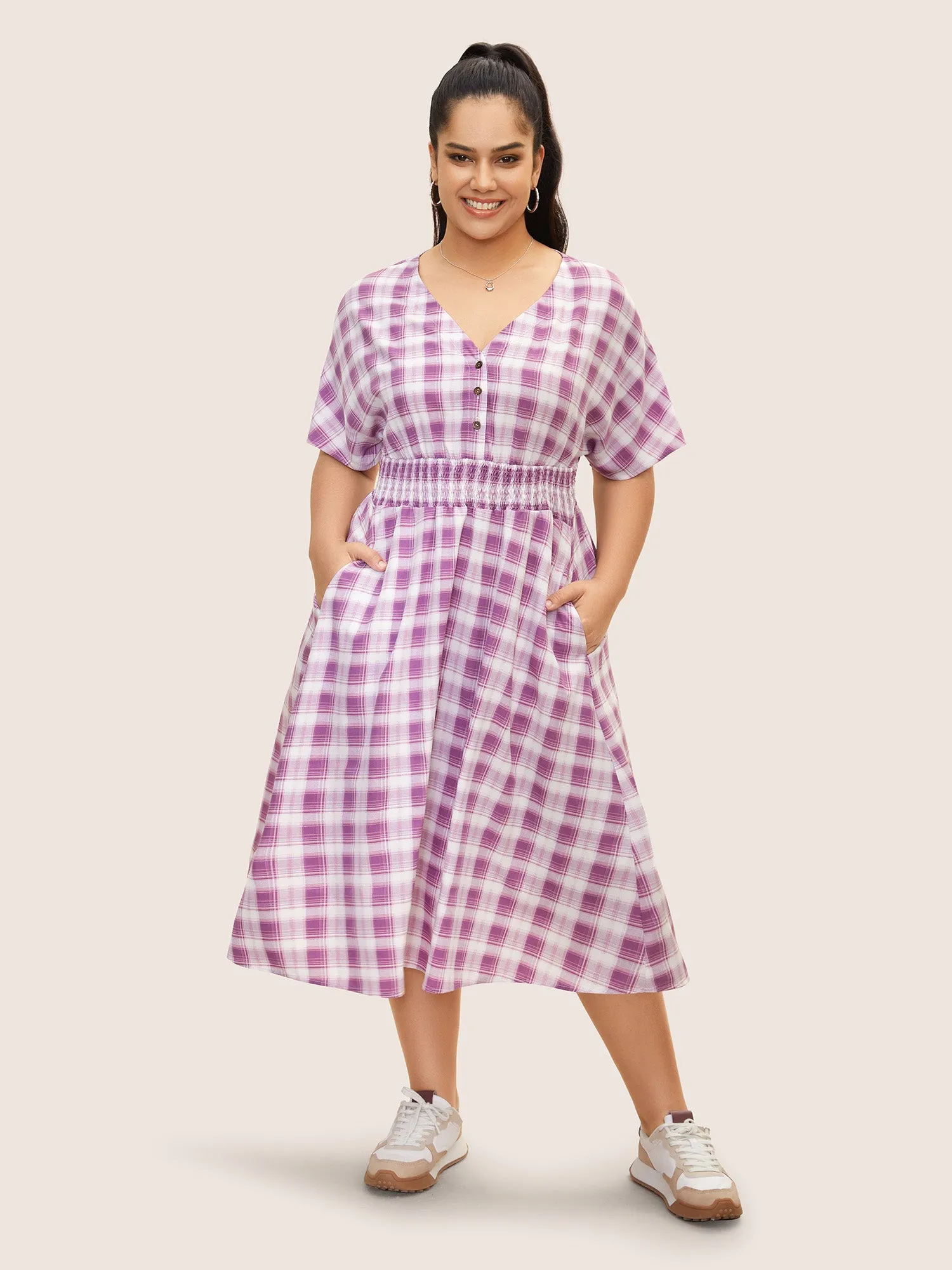 Gingham Shirred Button Up Dolman Sleeve Dress sold by Bloomchic
