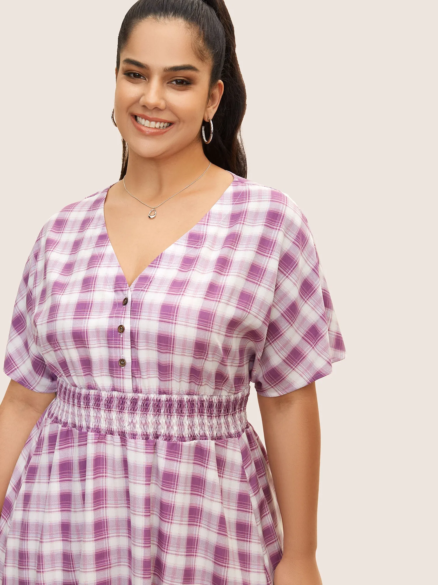 Gingham Shirred Button Up Dolman Sleeve Dress sold by Bloomchic product image thumbnail 4