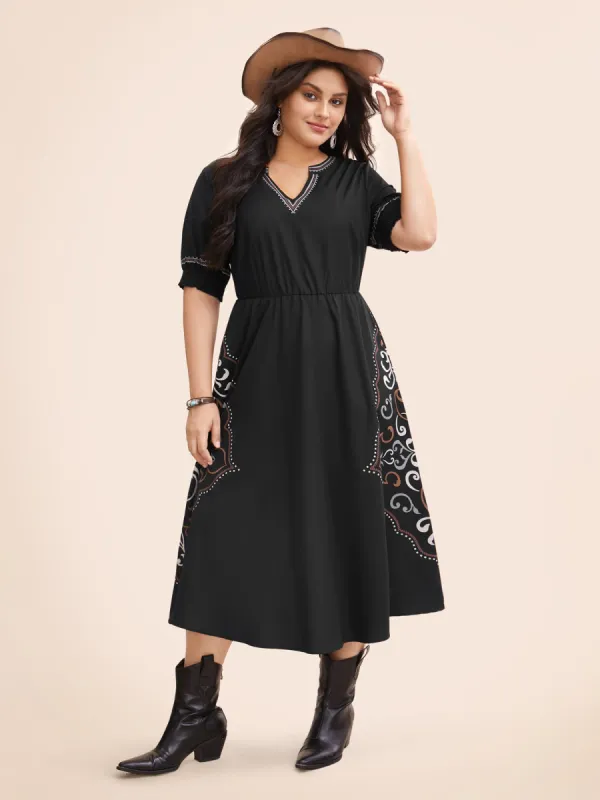 Rodeo Print Split Neck Midi Dress sold by Bloomchic