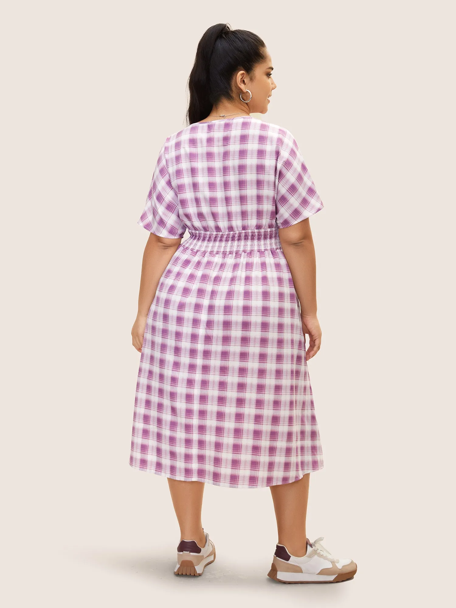 Gingham Shirred Button Up Dolman Sleeve Dress sold by Bloomchic product image thumbnail 3