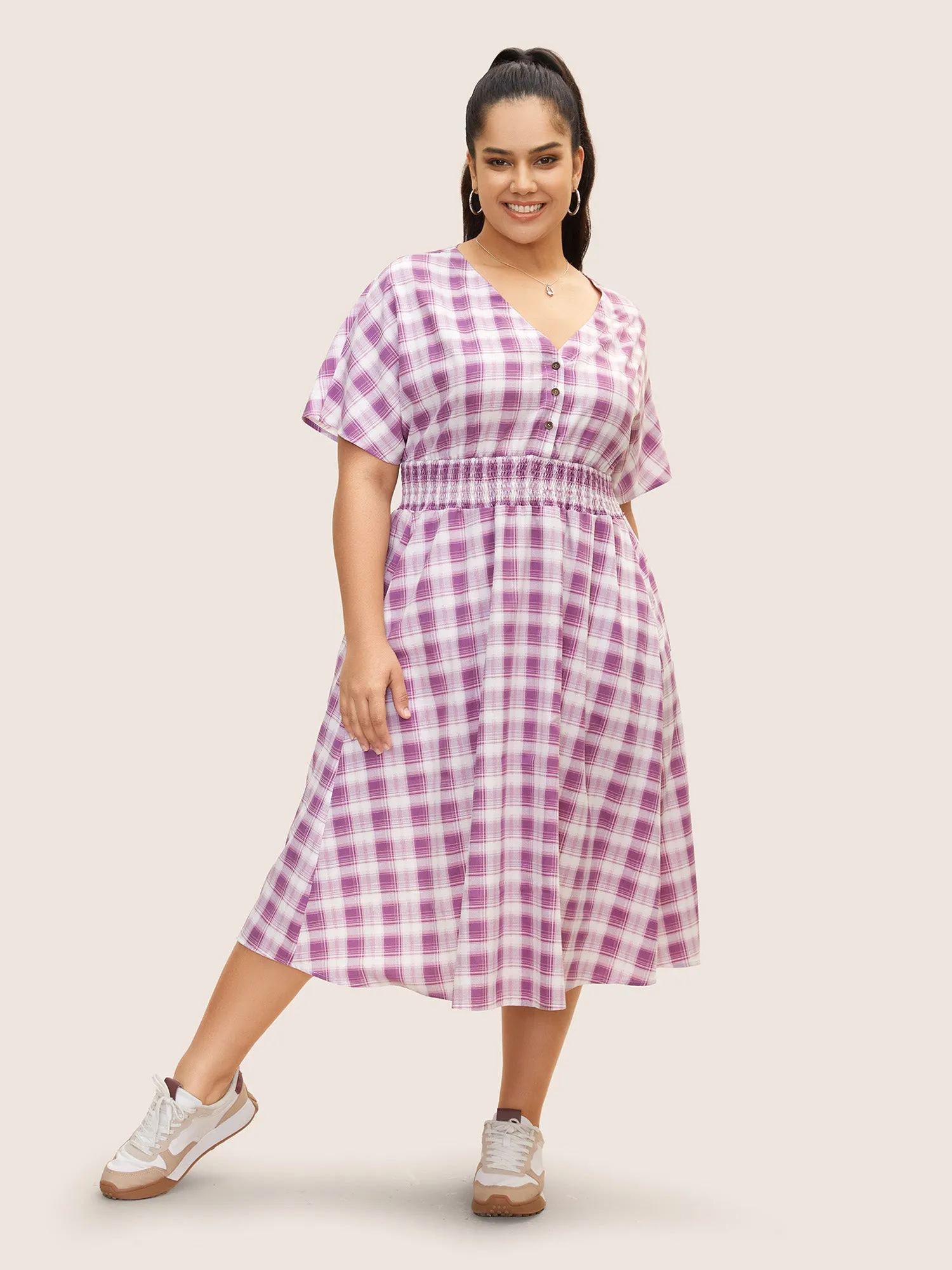Gingham Shirred Button Up Dolman Sleeve Dress sold by Bloomchic product image thumbnail 2