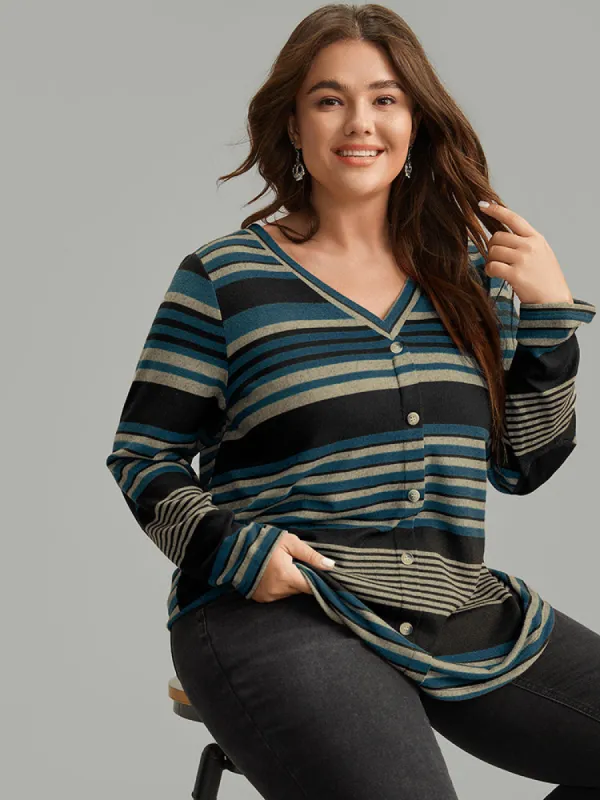 Halloween Striped Contrast Button Detail T-shirt sold by Bloomchic