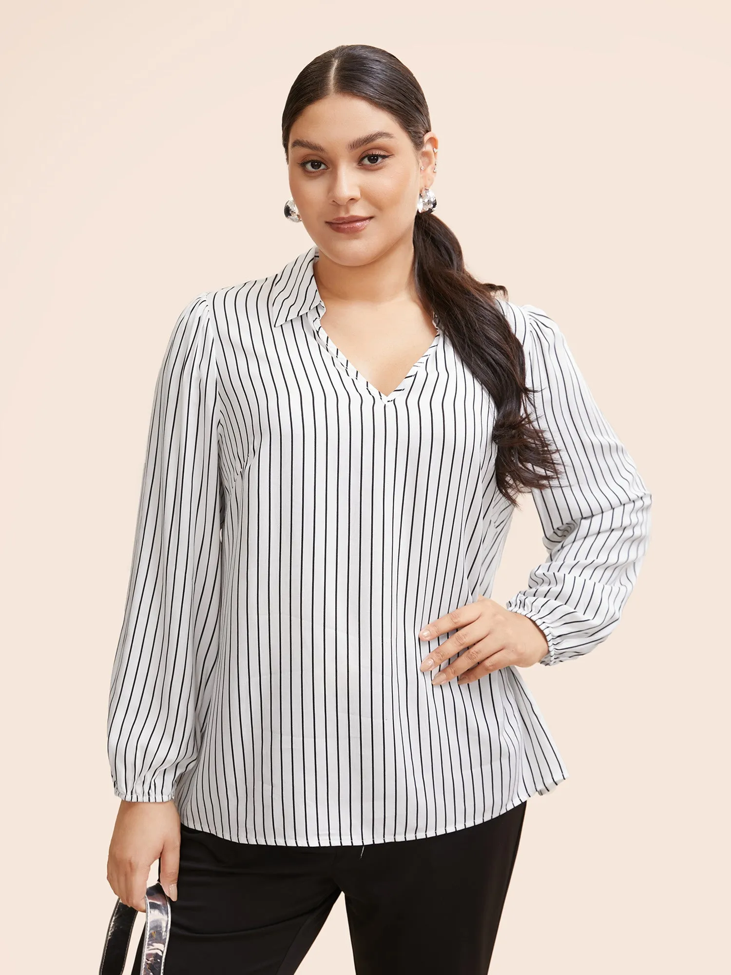 Striped Lapel Collar Lantern Sleeve Blouse sold by Bloomchic product image thumbnail 2