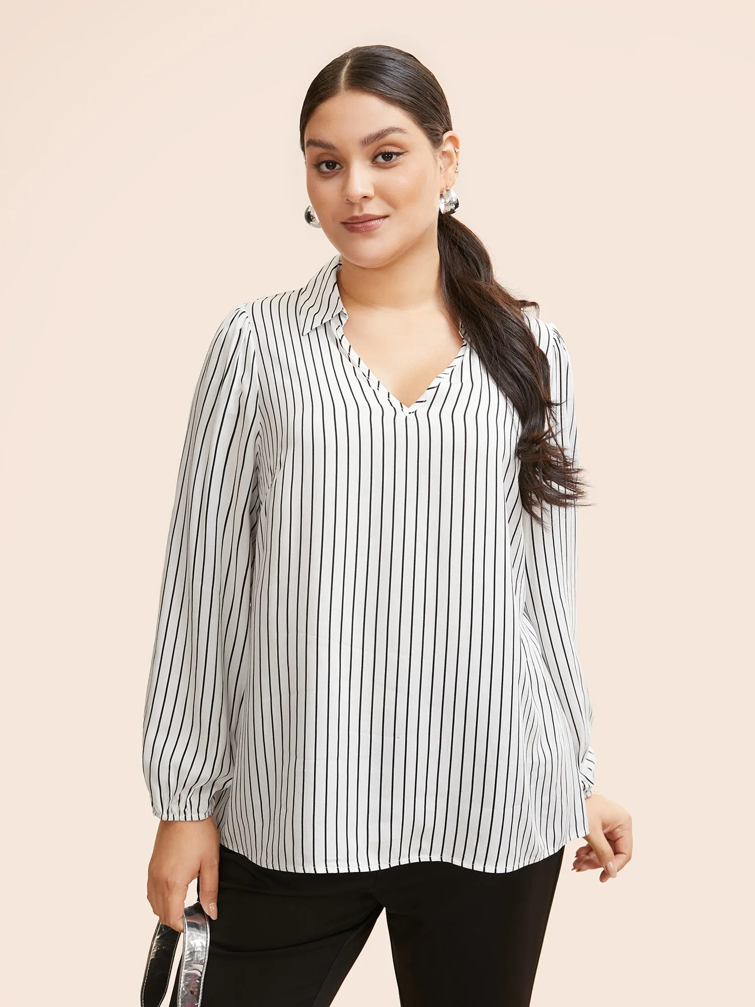 Striped Lapel Collar Lantern Sleeve Blouse sold by Bloomchic