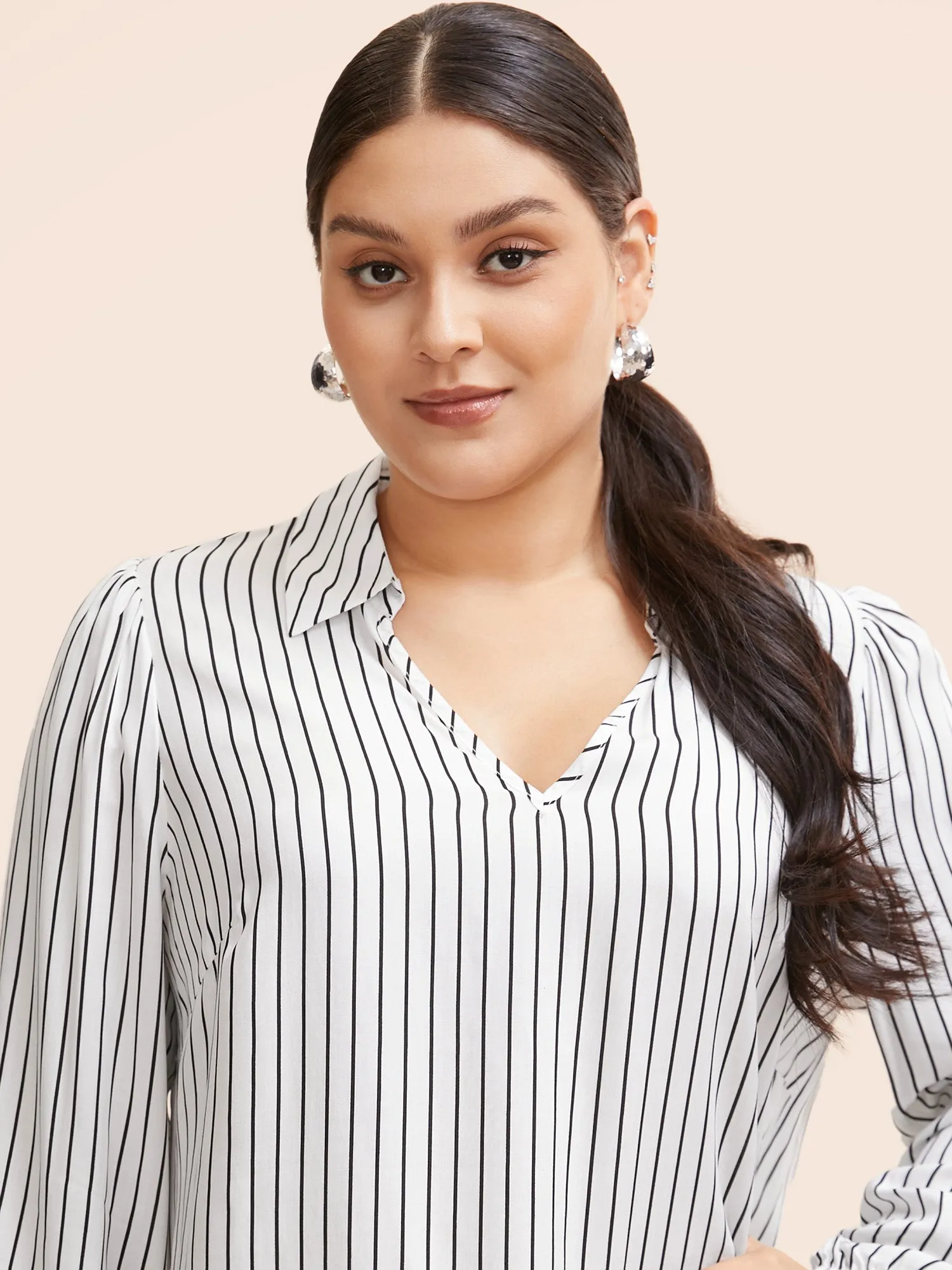 Striped Lapel Collar Lantern Sleeve Blouse sold by Bloomchic product image thumbnail 5