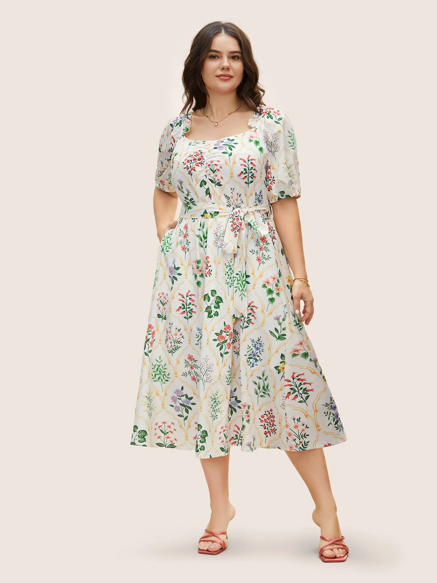 Square Neck Floral Frill Trim Gathered Dress sold by Bloomchic product image thumbnail 2