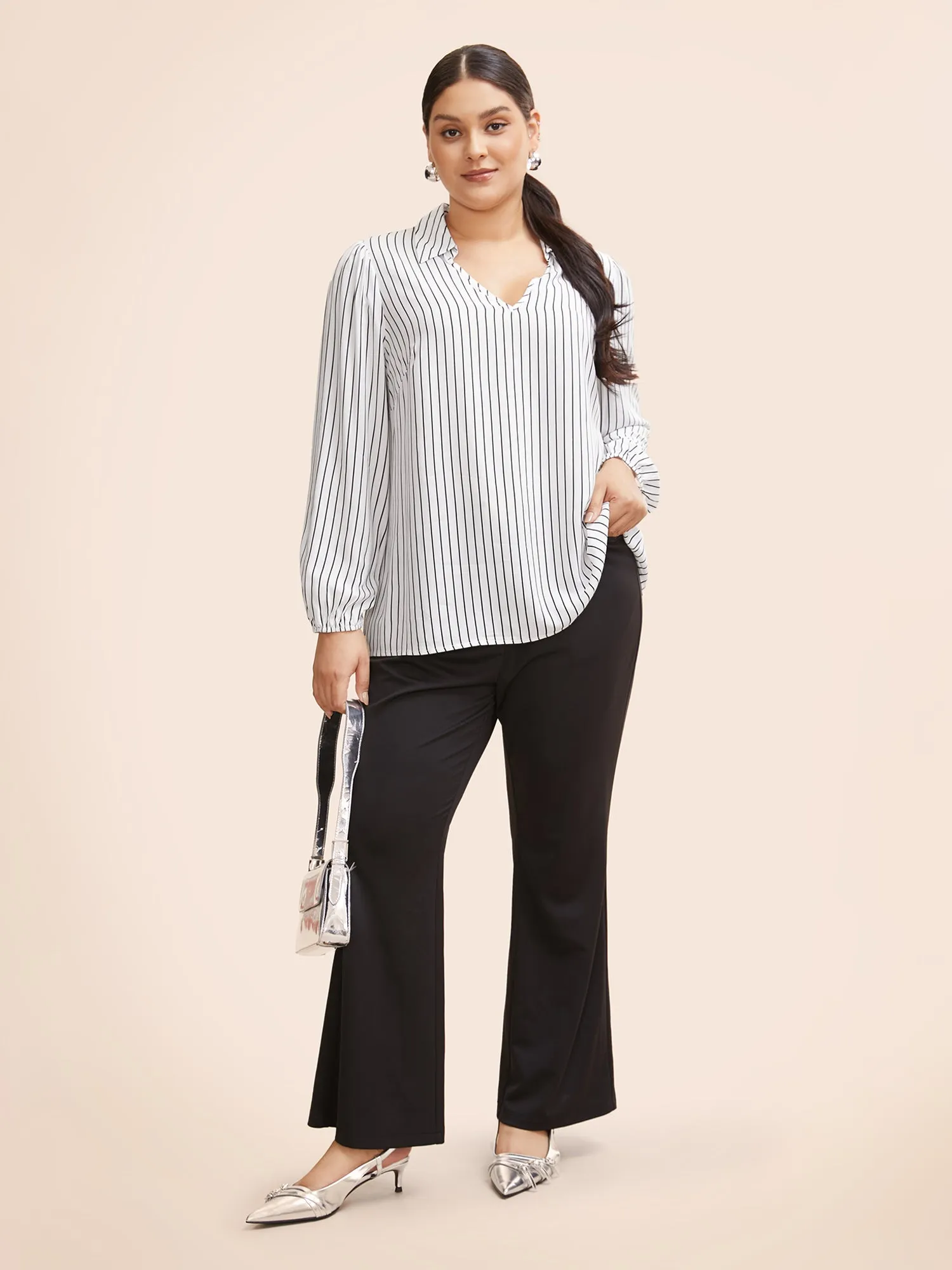 Striped Lapel Collar Lantern Sleeve Blouse sold by Bloomchic product image thumbnail 3