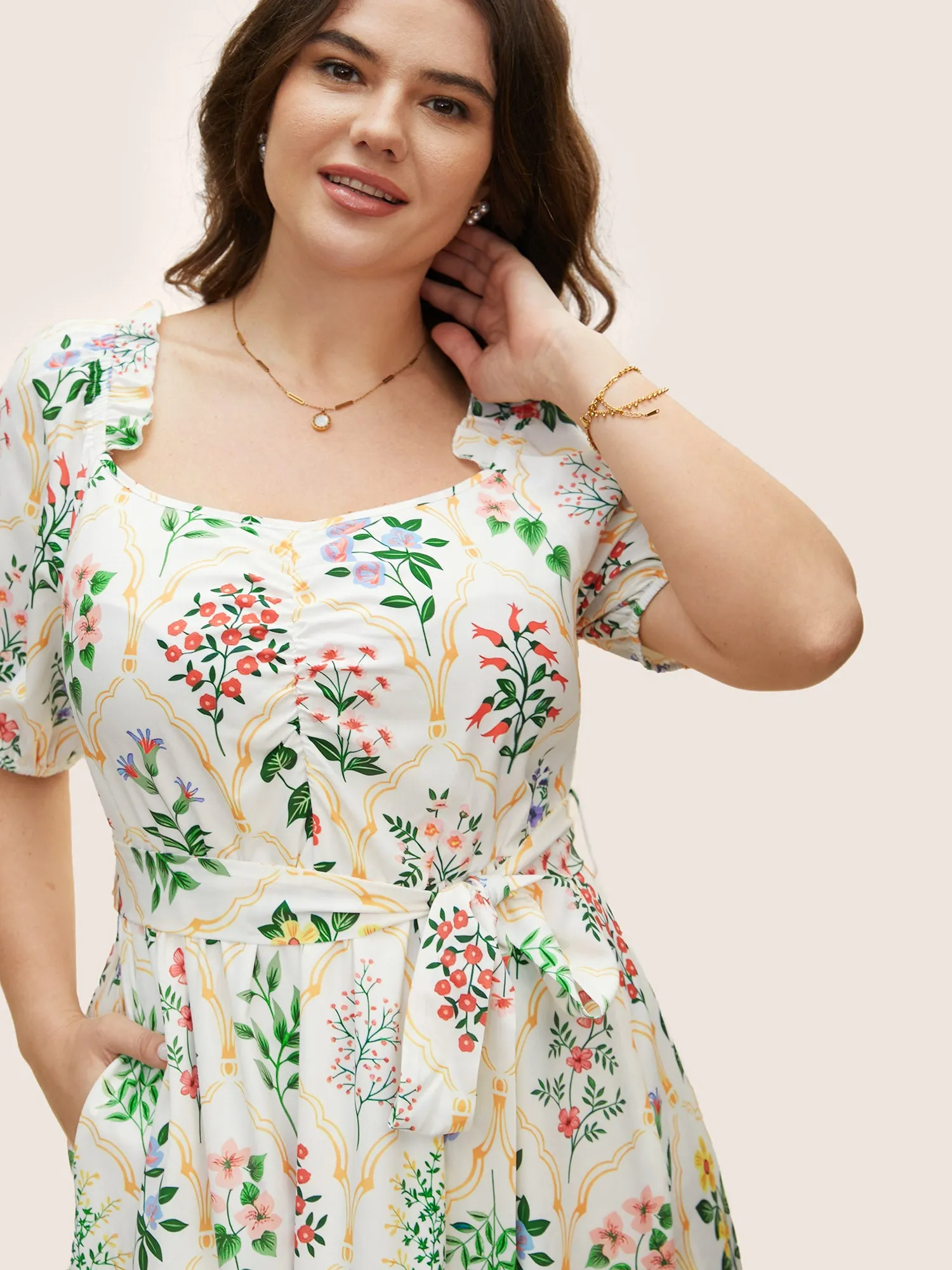 Square Neck Floral Frill Trim Gathered Dress sold by Bloomchic product image thumbnail 4