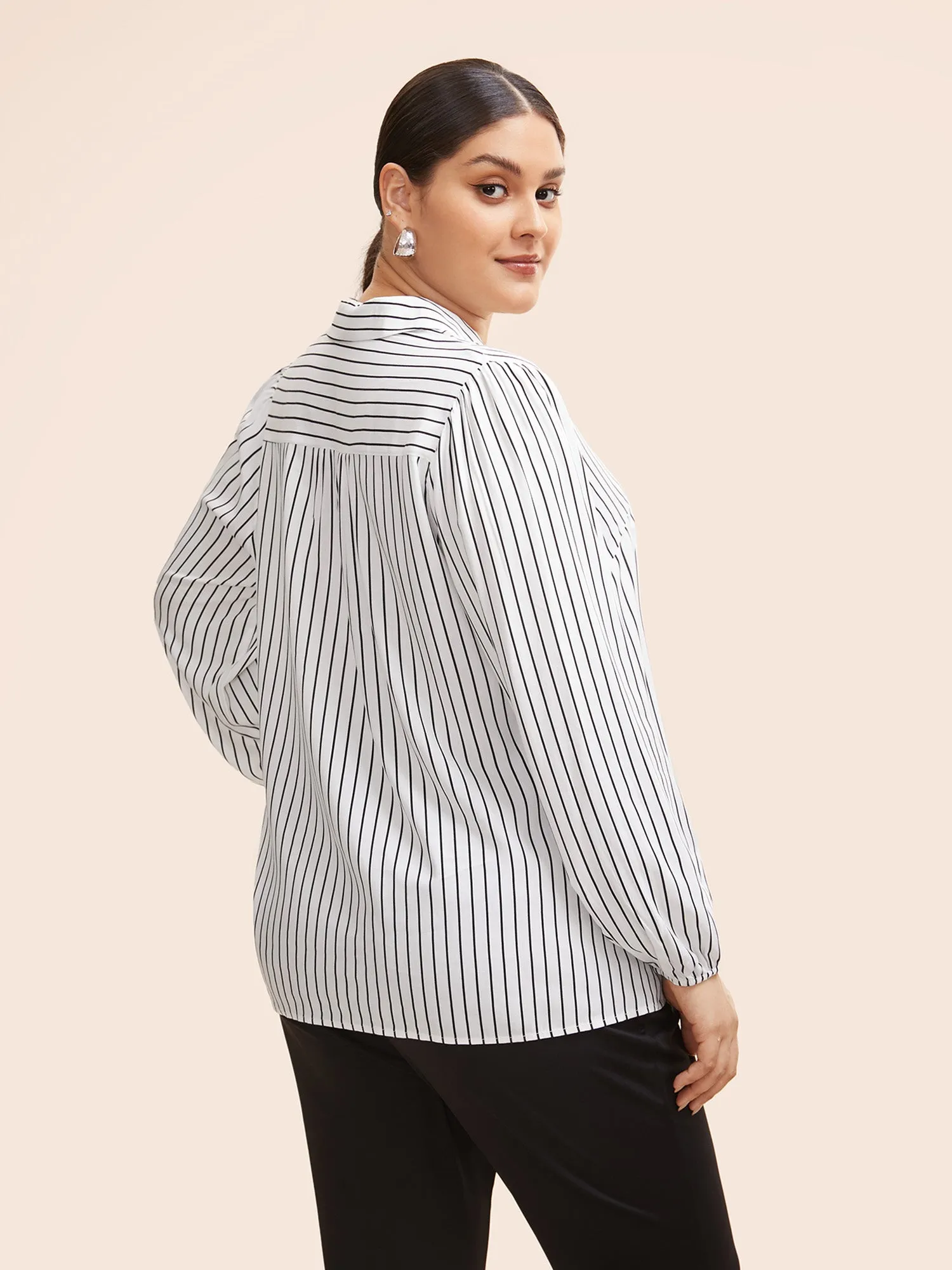 Striped Lapel Collar Lantern Sleeve Blouse sold by Bloomchic product image thumbnail 4