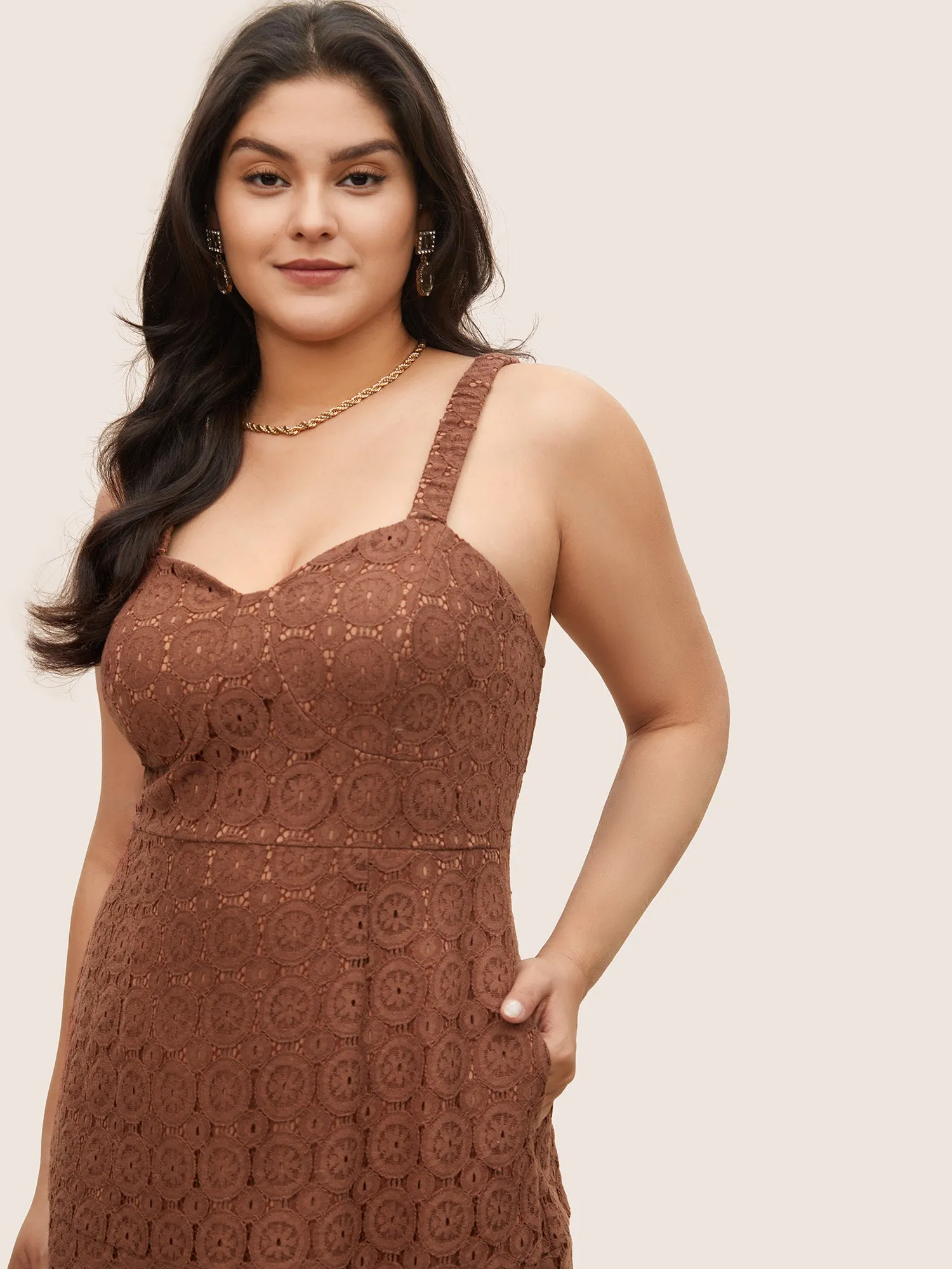 Solid Lace Geometric Hollow Out Cami Dress sold by Bloomchic product image thumbnail 3