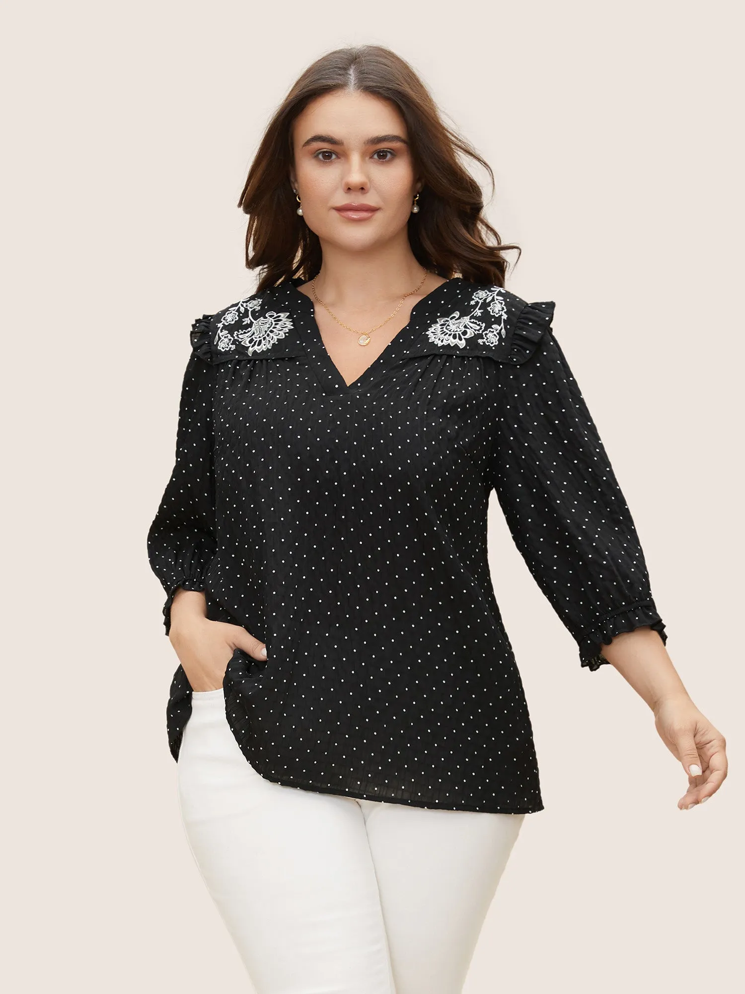 Ruffled Shoulders Embroided Blouse sold by Bloomchic