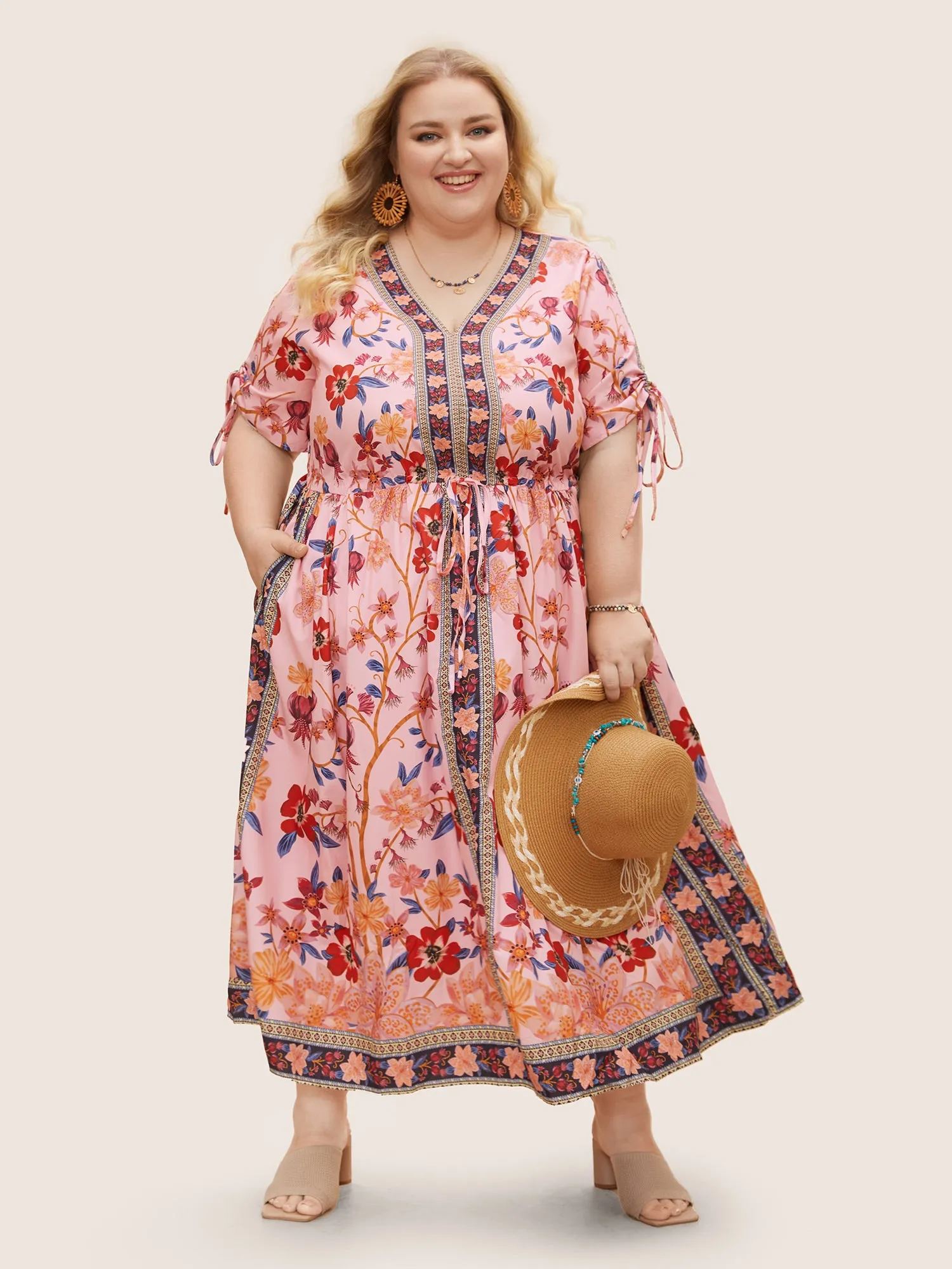 Boho Print V Neck Drawstring Dress sold by Bloomchic product image thumbnail 5