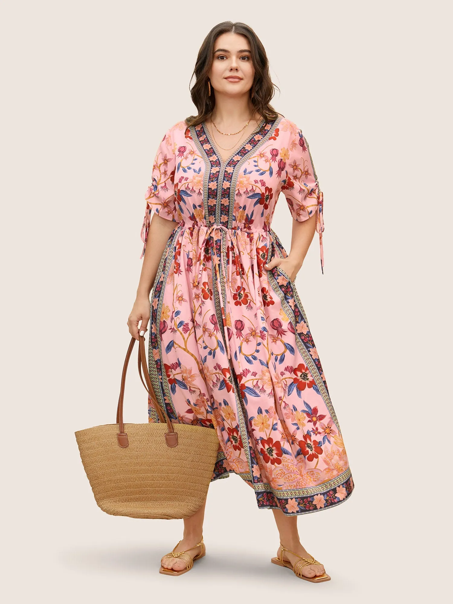 Boho Print V Neck Drawstring Dress sold by Bloomchic product image thumbnail 3