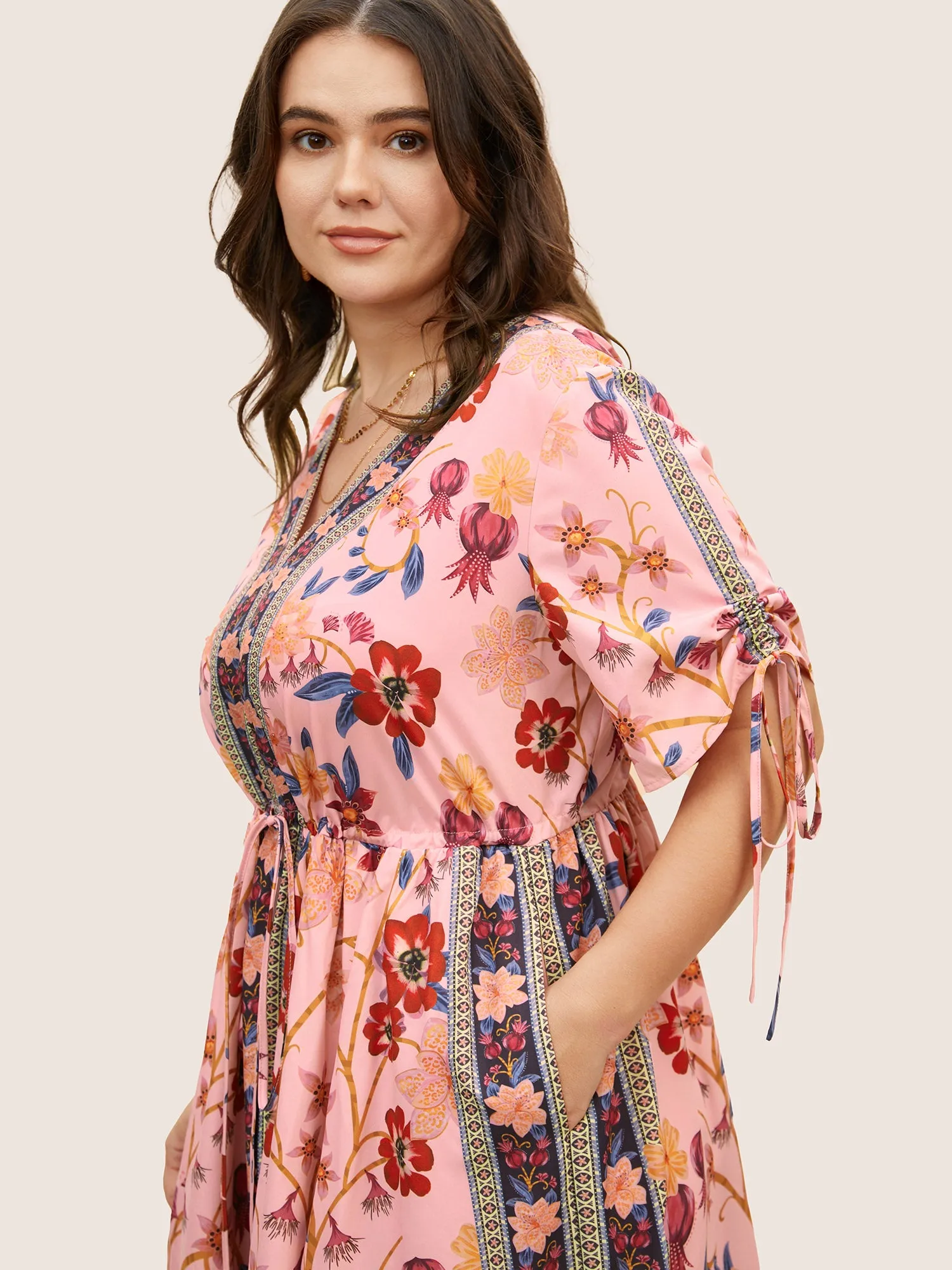 Boho Print V Neck Drawstring Dress sold by Bloomchic product image thumbnail 2