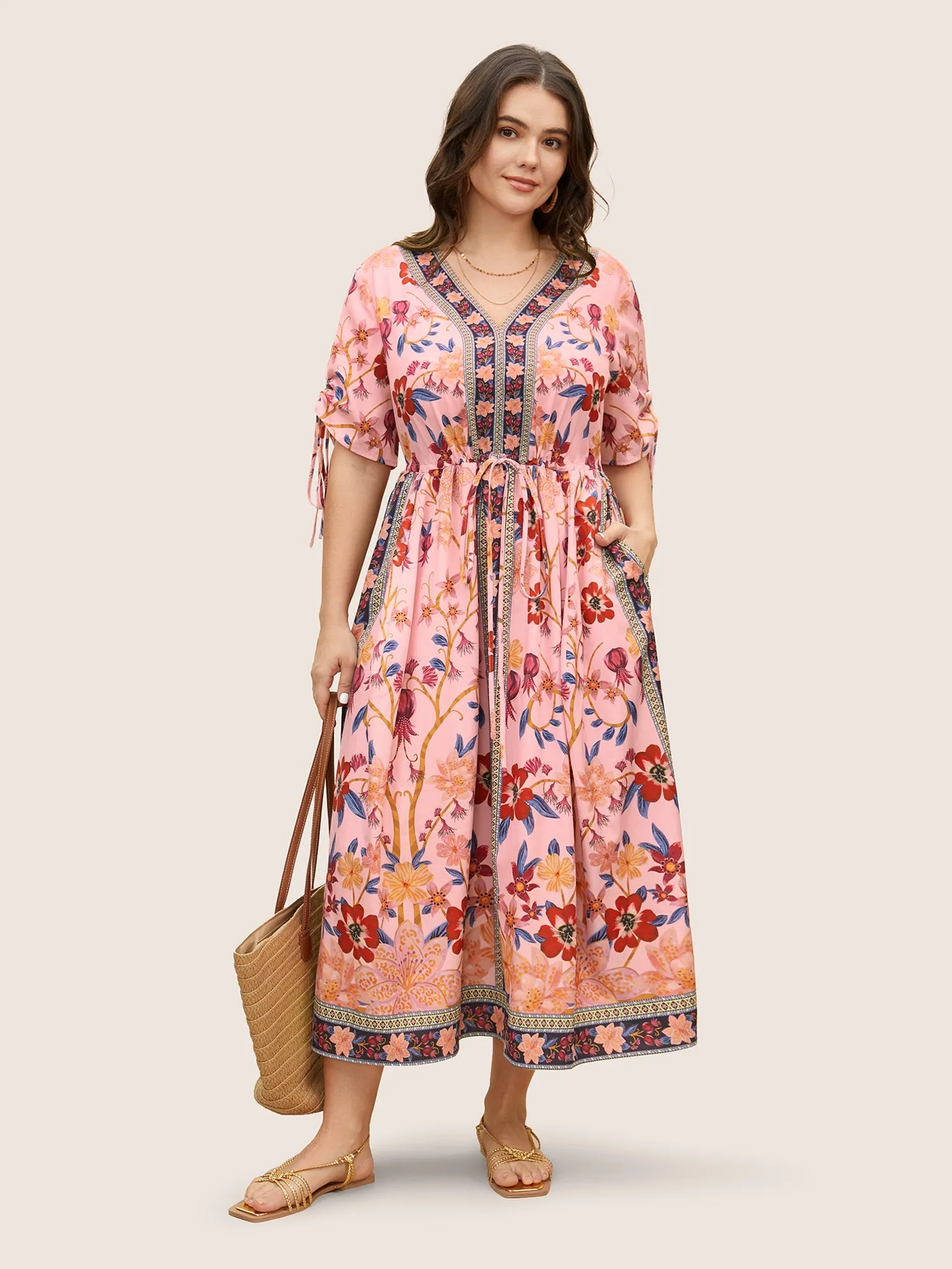 Boho Print V Neck Drawstring Dress sold by Bloomchic