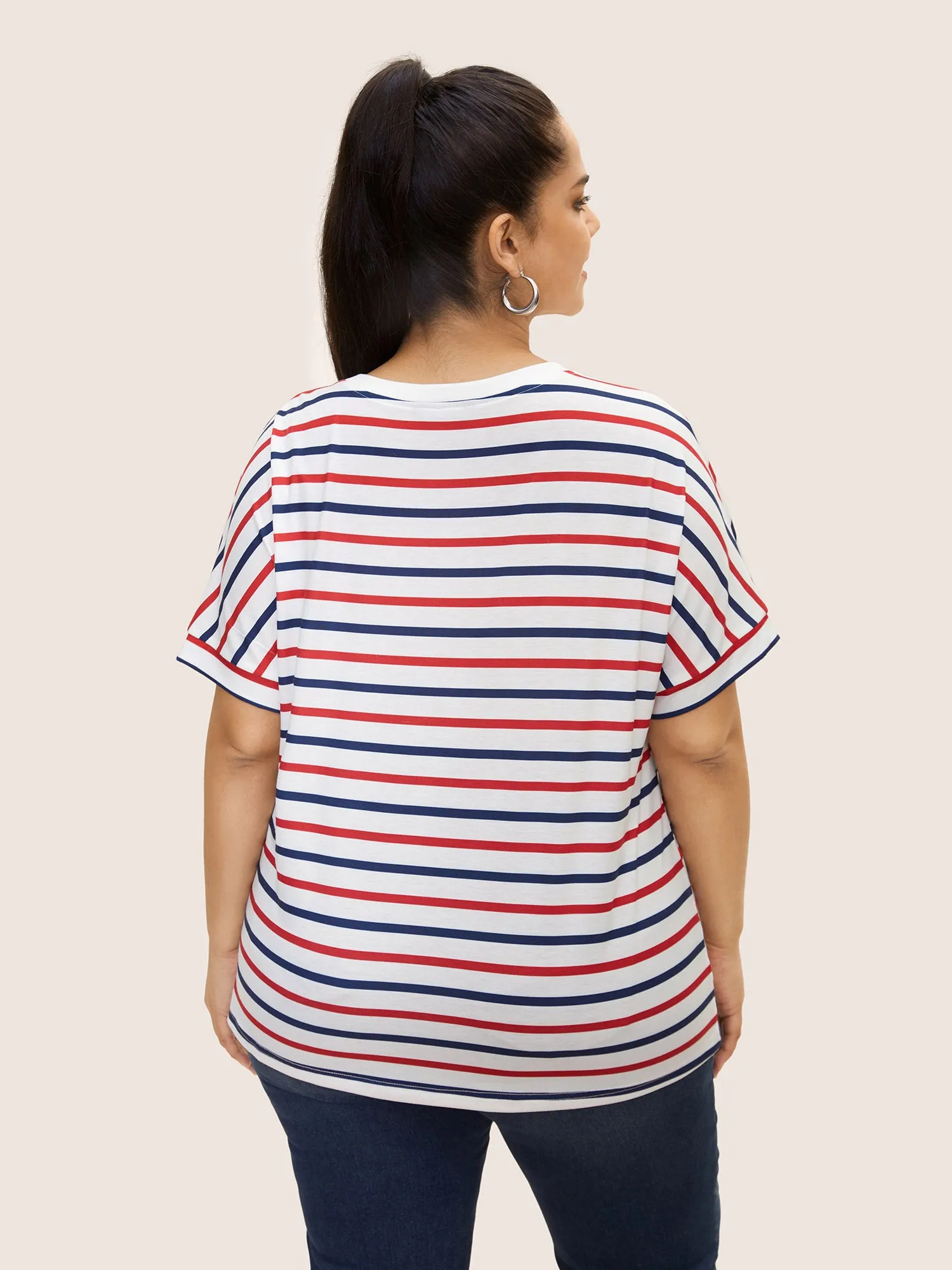 Crew Neck Contrast Striped Batwing Sleeve T-shirt sold by Bloomchic product image thumbnail 2