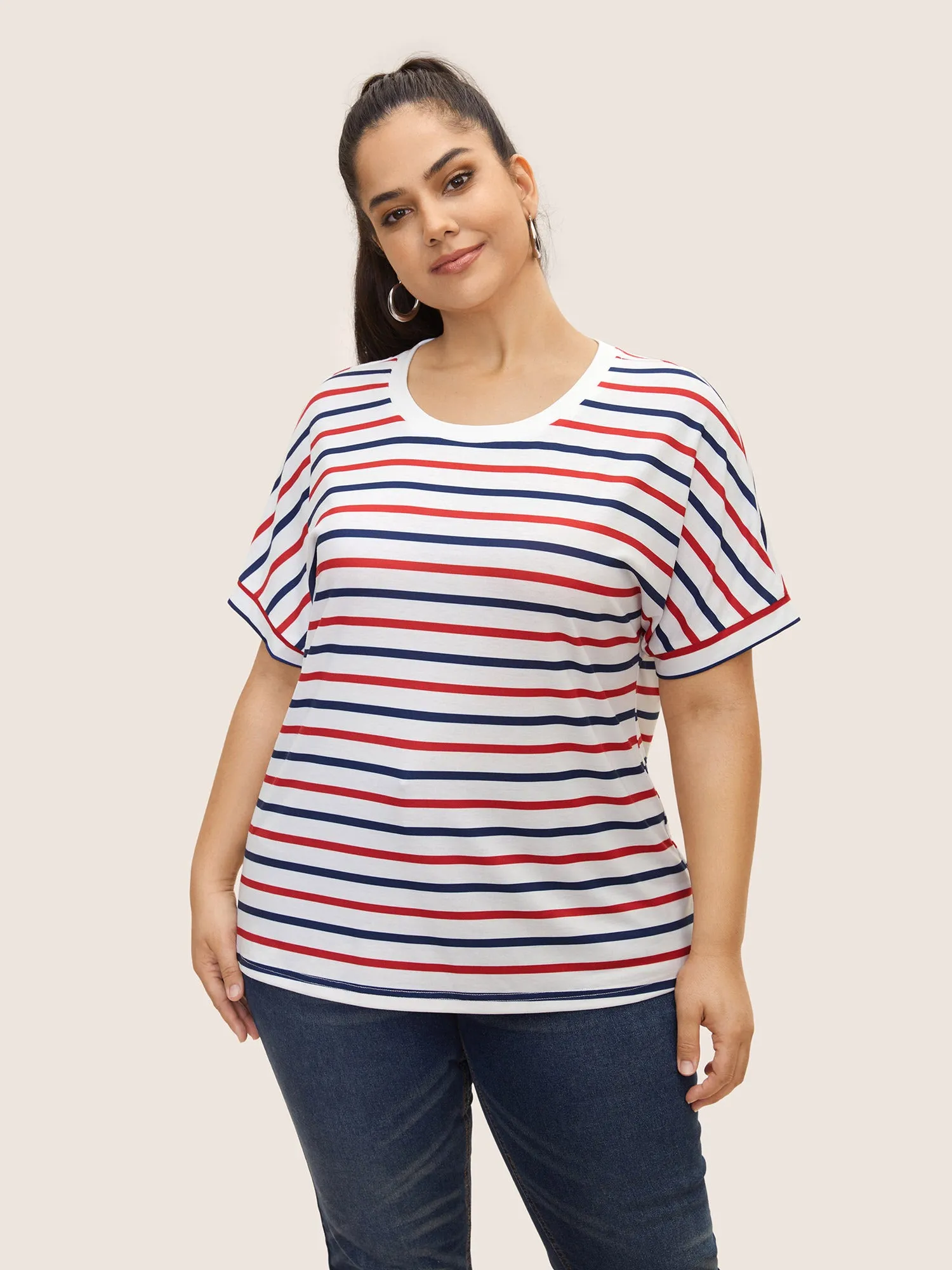 Crew Neck Contrast Striped Batwing Sleeve T-shirt sold by Bloomchic