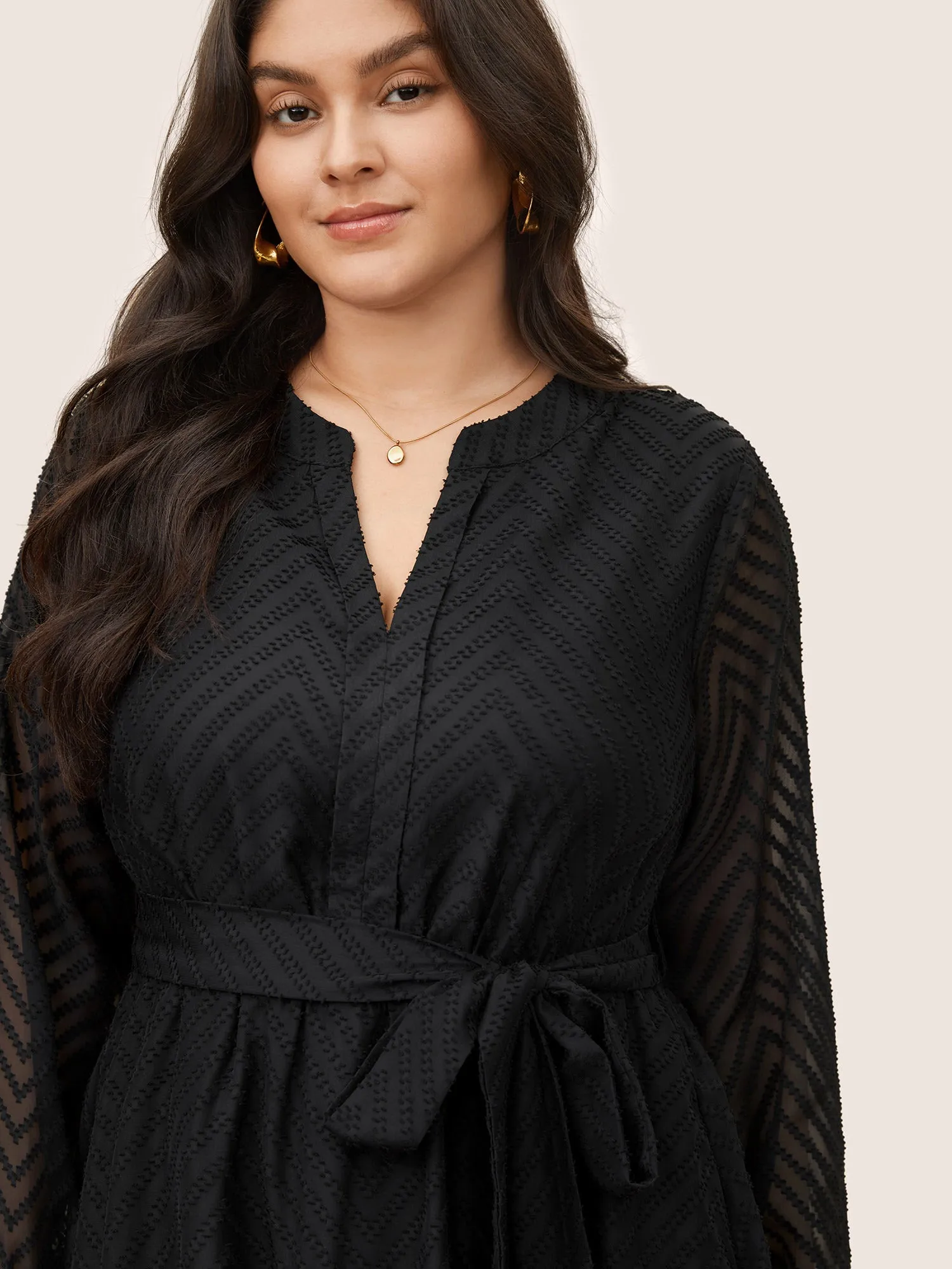 Solid Geometric Pocket Mesh Lantern Sleeve Belted Dress sold by Bloomchic product image thumbnail 4