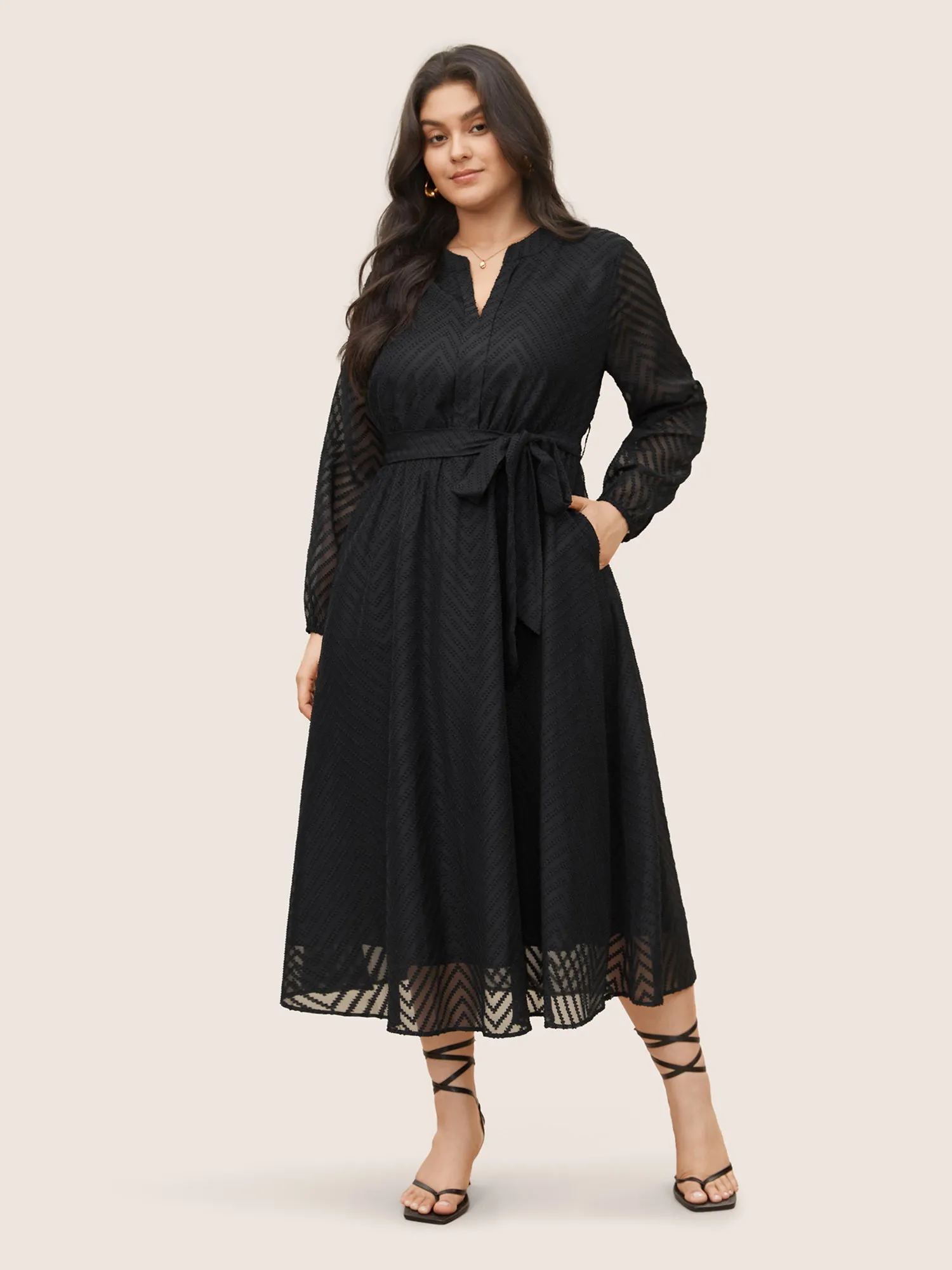 Solid Geometric Pocket Mesh Lantern Sleeve Belted Dress sold by Bloomchic