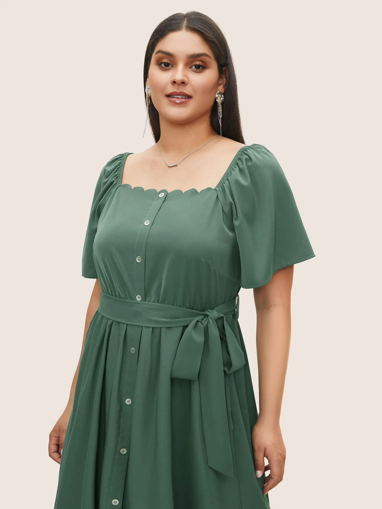 Anti-Wrinkle Square Neck Scalloped Trim Ruffle Sleeve Dress sold by Bloomchic product image thumbnail 4