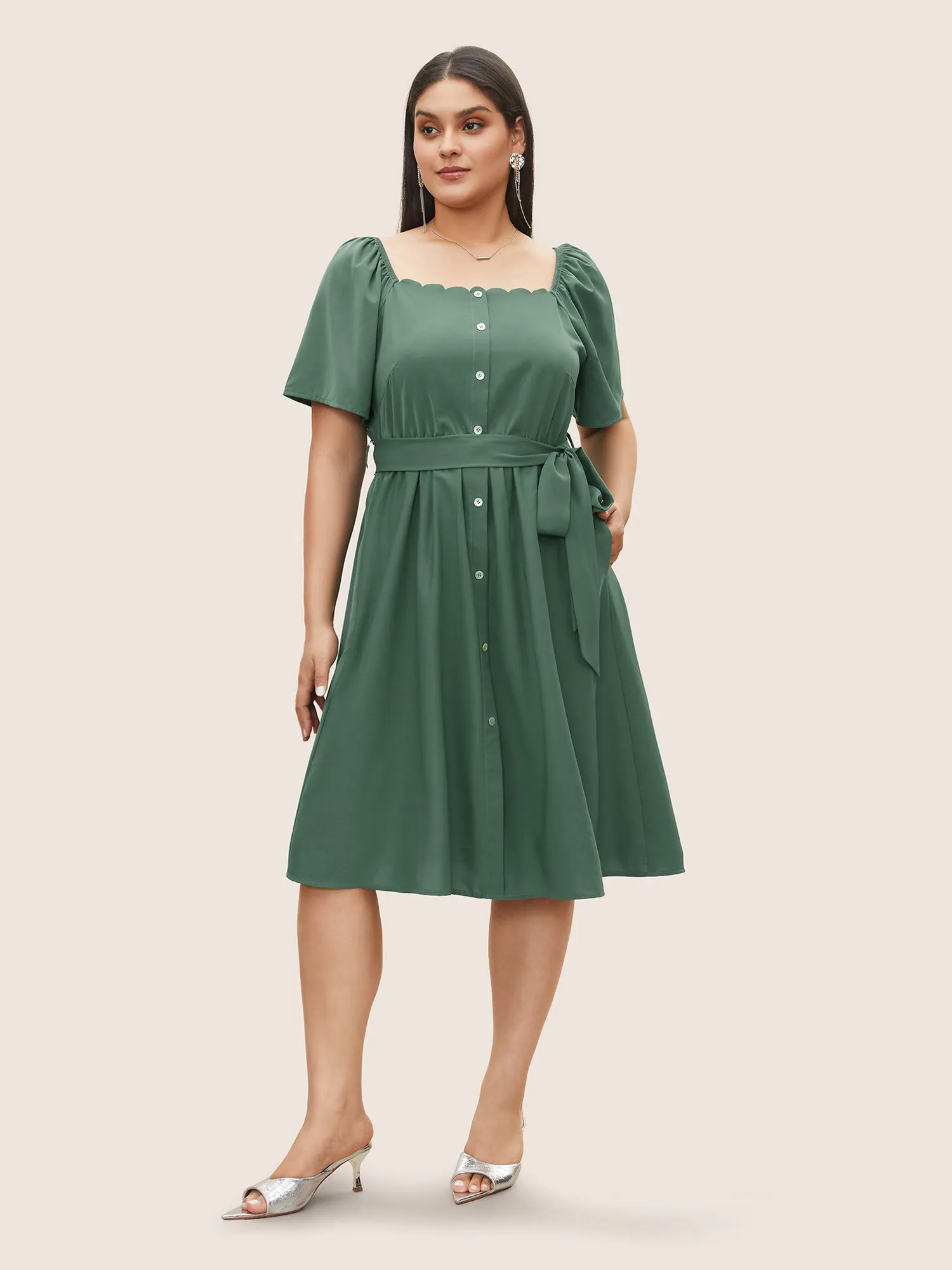 Anti-Wrinkle Square Neck Scalloped Trim Ruffle Sleeve Dress sold by Bloomchic product image thumbnail 2